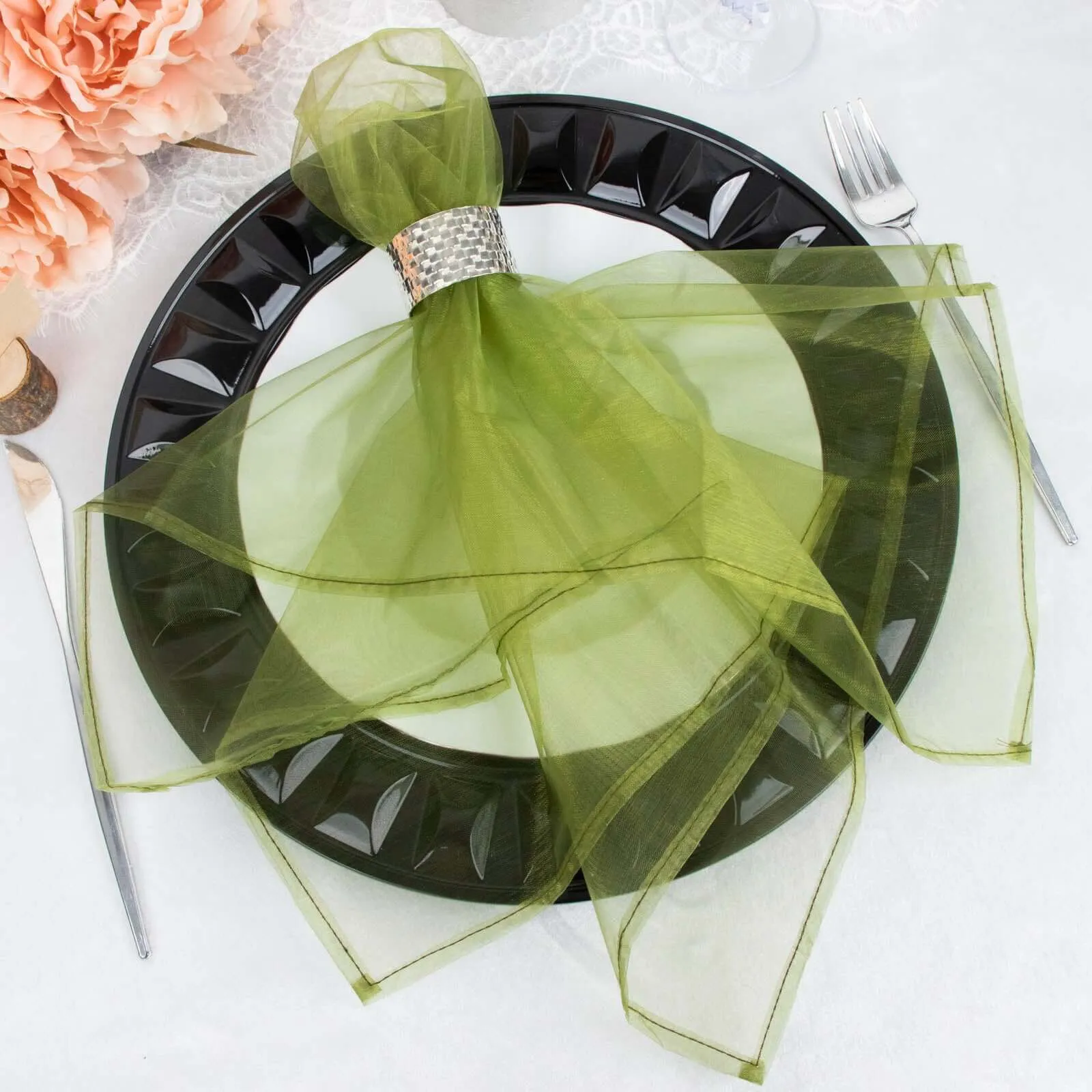 10 Pack Olive Green Sheer Organza Decorative Dinner Table Napkins - 23"x23"