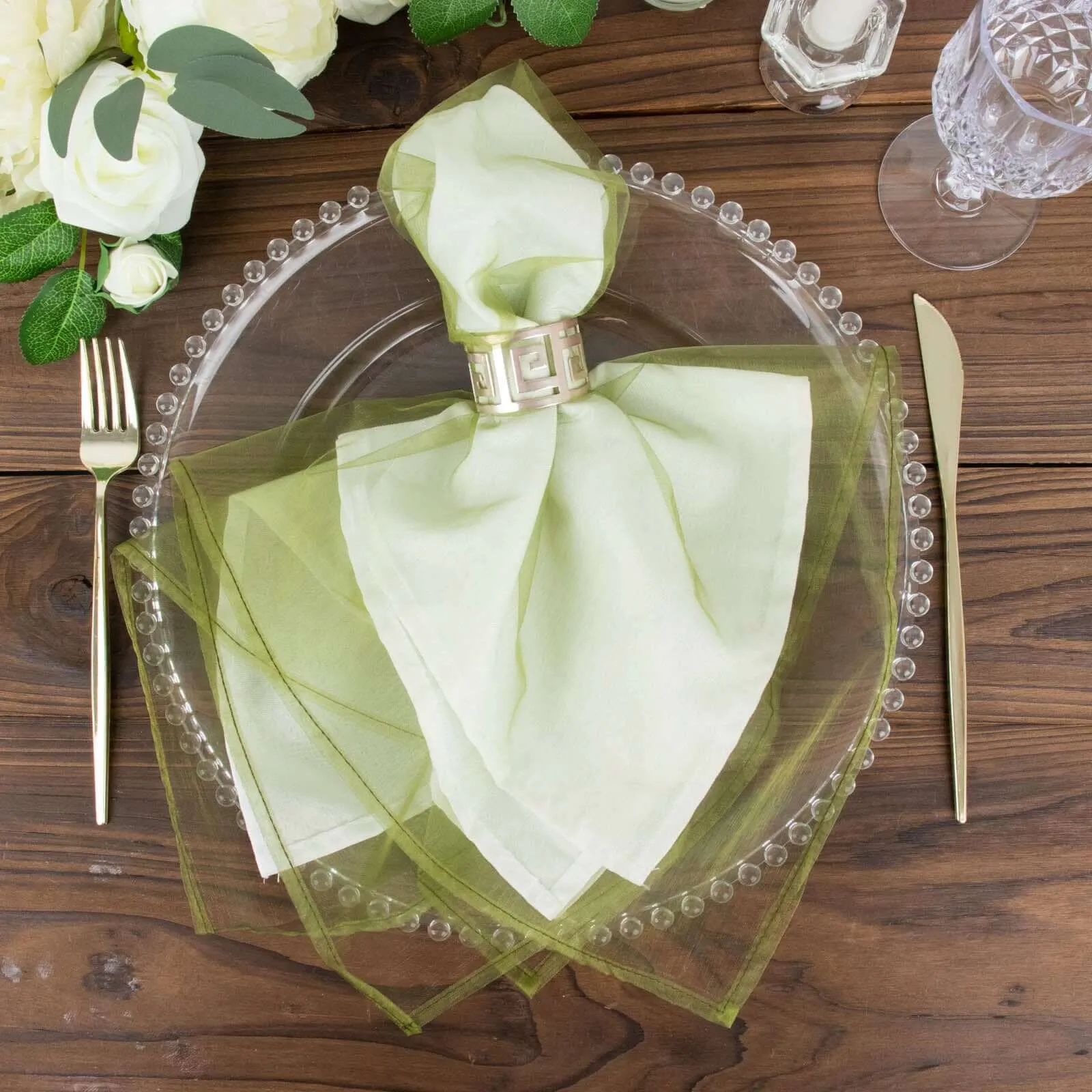 10 Pack Olive Green Sheer Organza Decorative Dinner Table Napkins - 23"x23"