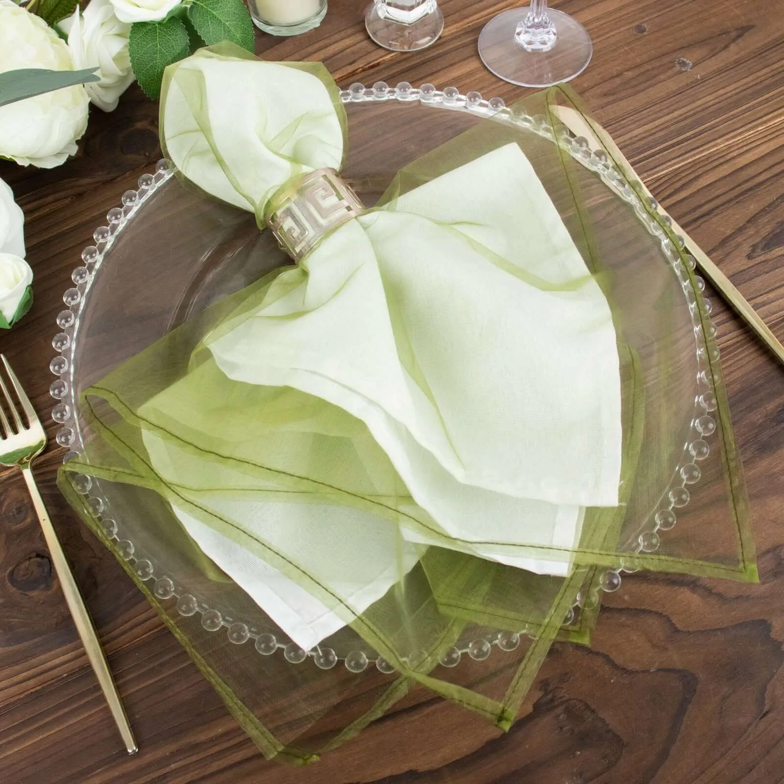 10 Pack Olive Green Sheer Organza Decorative Dinner Table Napkins - 23"x23"