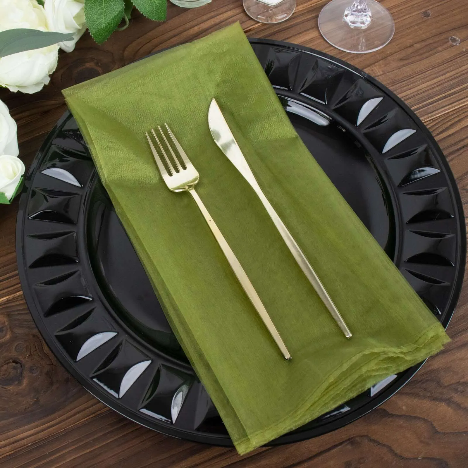 10 Pack Olive Green Sheer Organza Decorative Dinner Table Napkins - 23"x23"