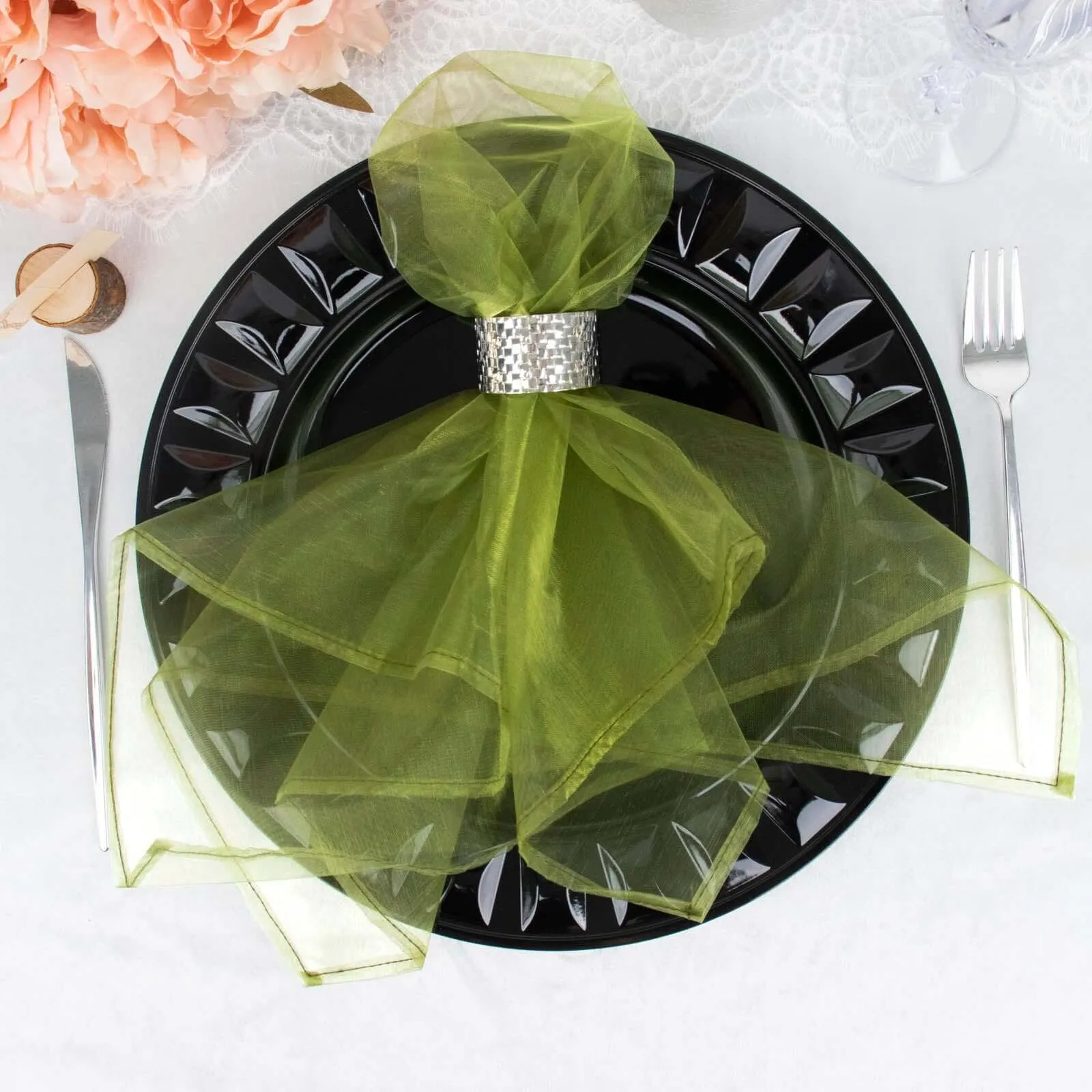 10 Pack Olive Green Sheer Organza Decorative Dinner Table Napkins - 23"x23"