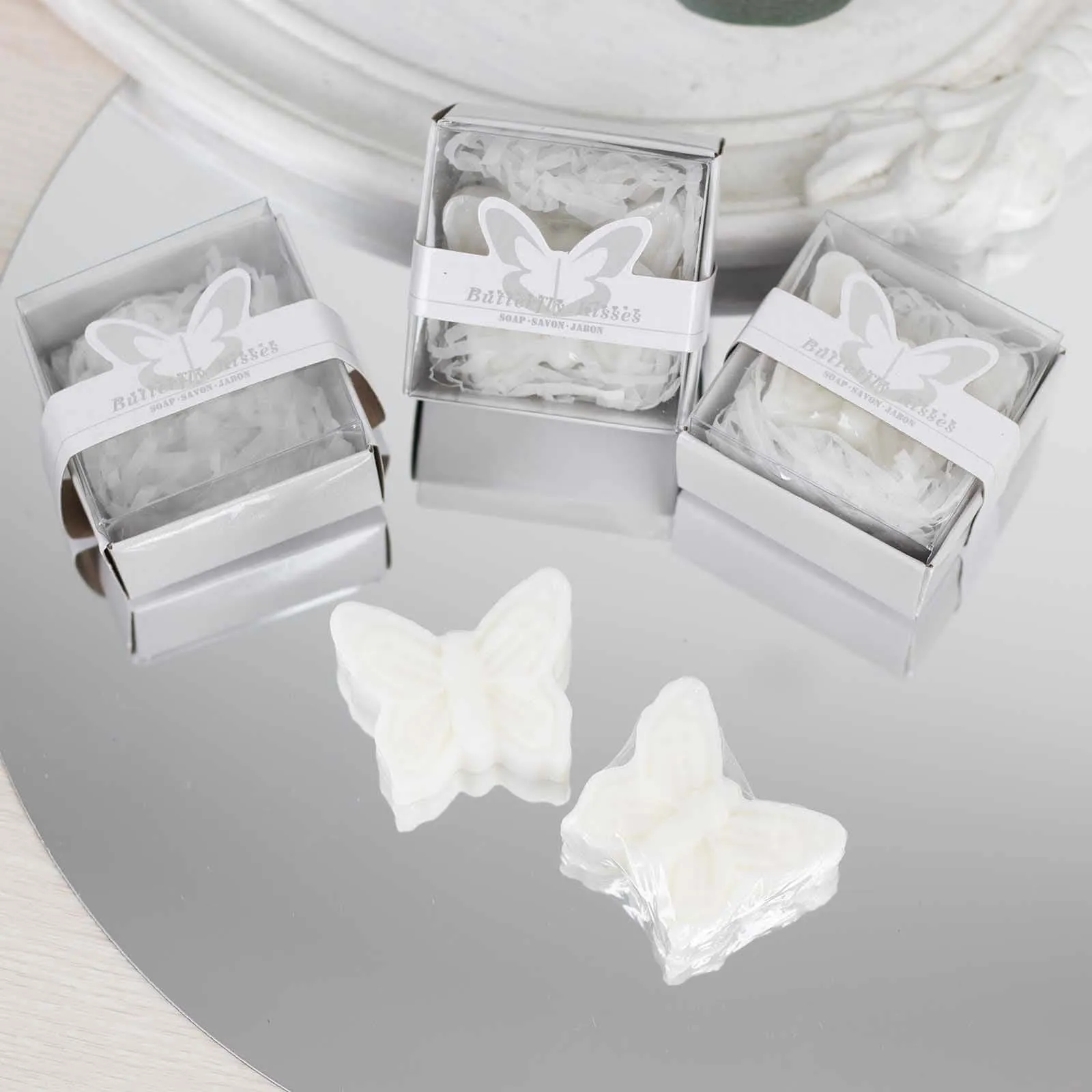 10 Pack White Butterfly Unscented Soap Baby Shower Favors with Gift Boxes, Pre-Packed Bridal Shower Wedding Souvenirs - 2"