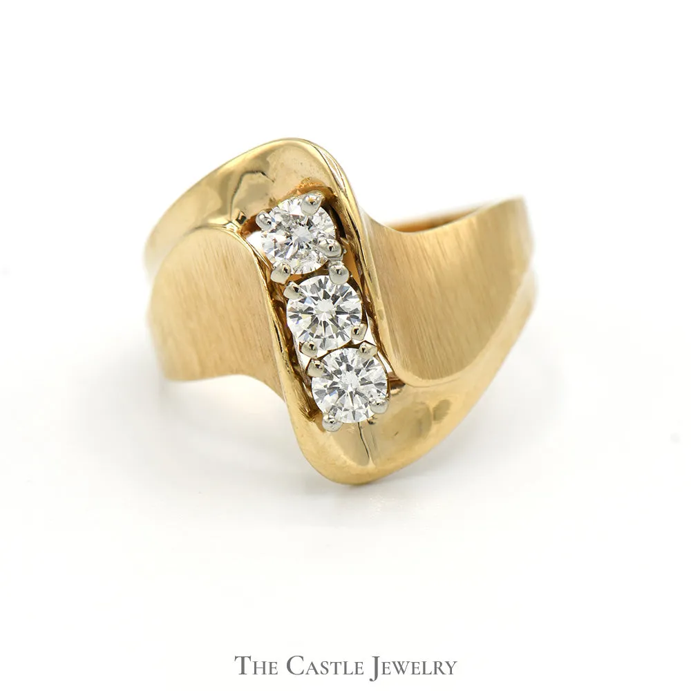 1/2cttw 3 Diamond Swirled Bypass Ring with Brushed/Polished Detail in 14k Yellow Gold