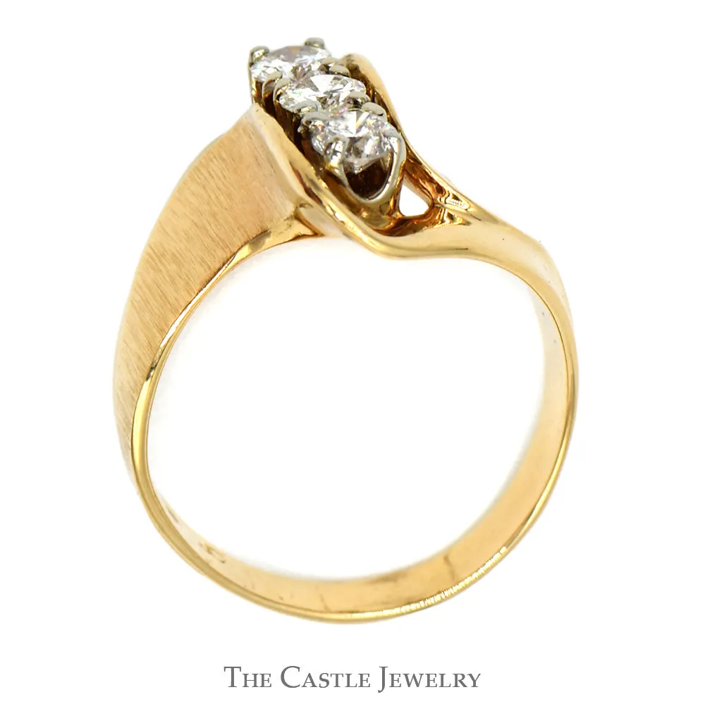 1/2cttw 3 Diamond Swirled Bypass Ring with Brushed/Polished Detail in 14k Yellow Gold