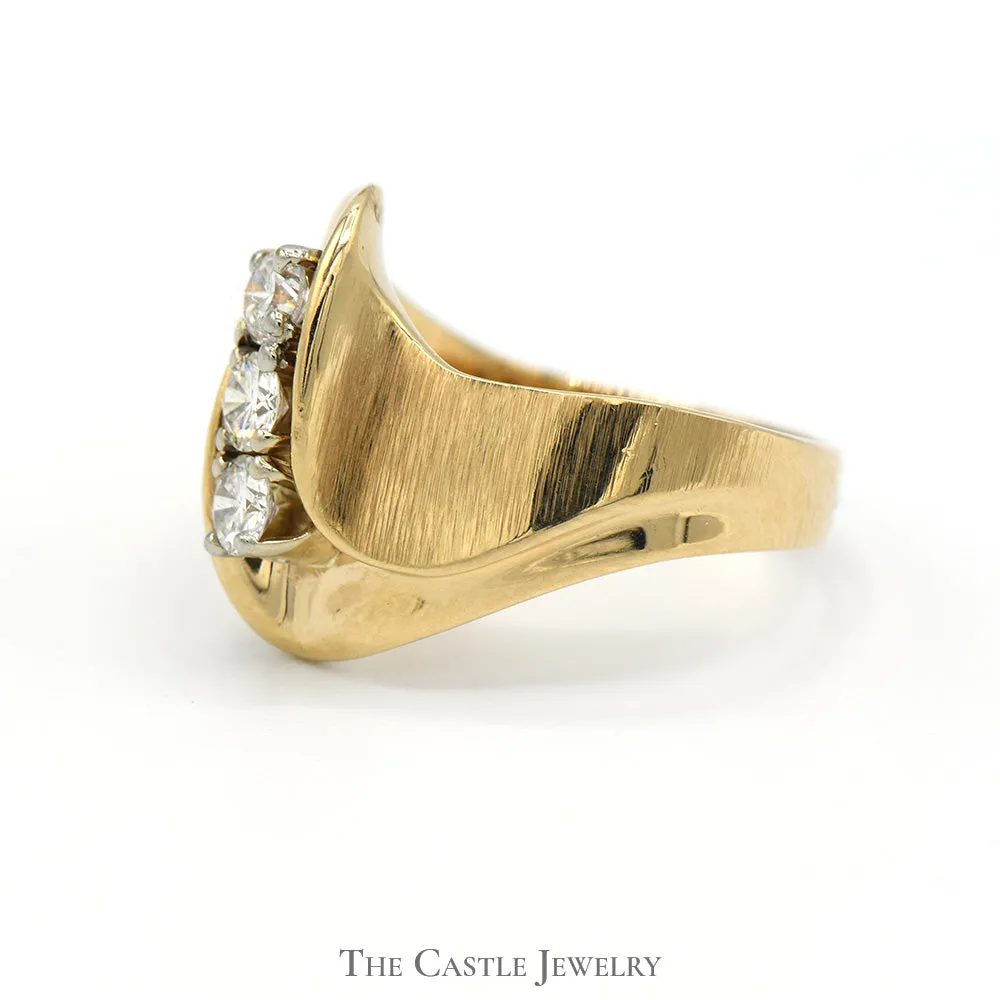 1/2cttw 3 Diamond Swirled Bypass Ring with Brushed/Polished Detail in 14k Yellow Gold