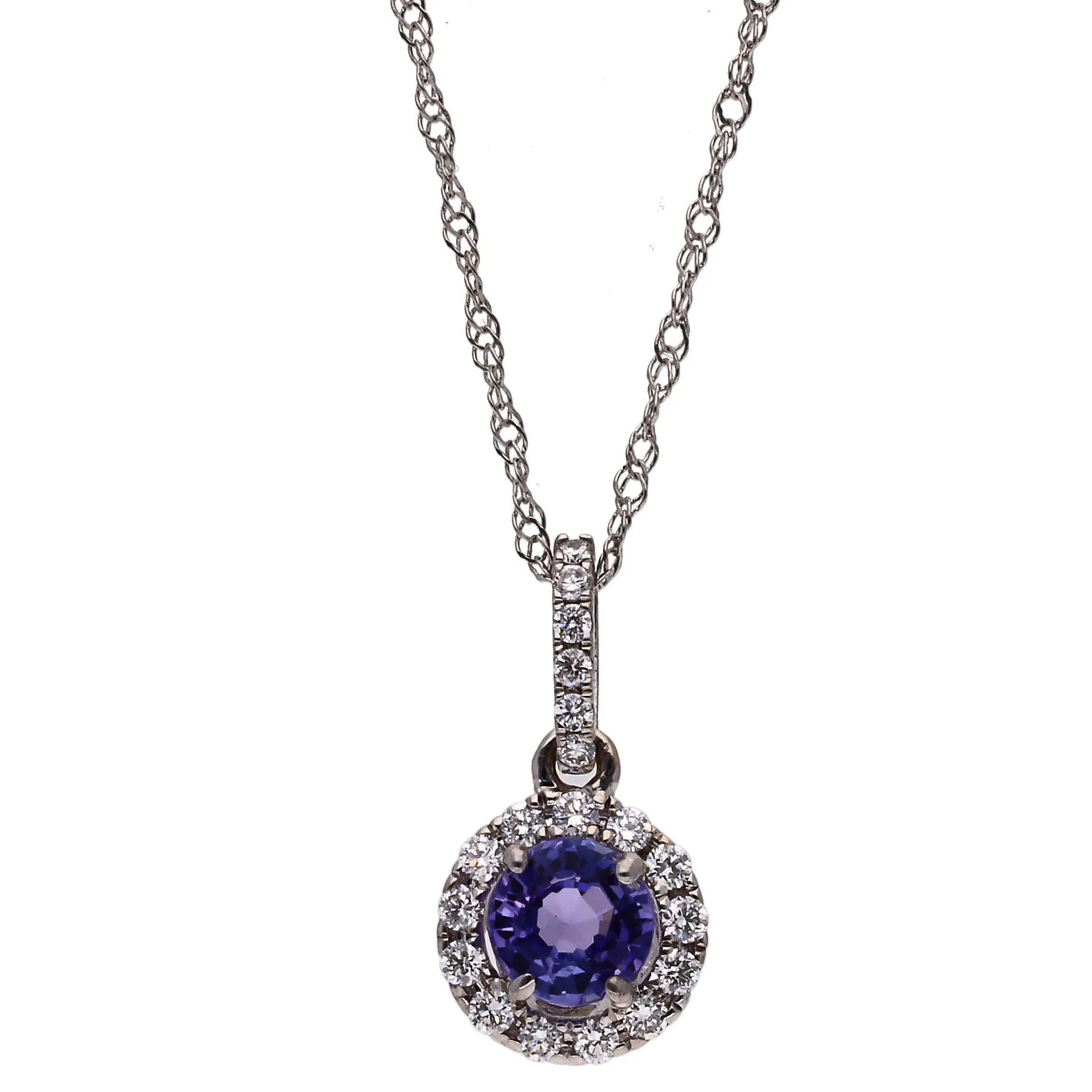 14K White Gold Round Tanzanite and Diamond 18" Necklace