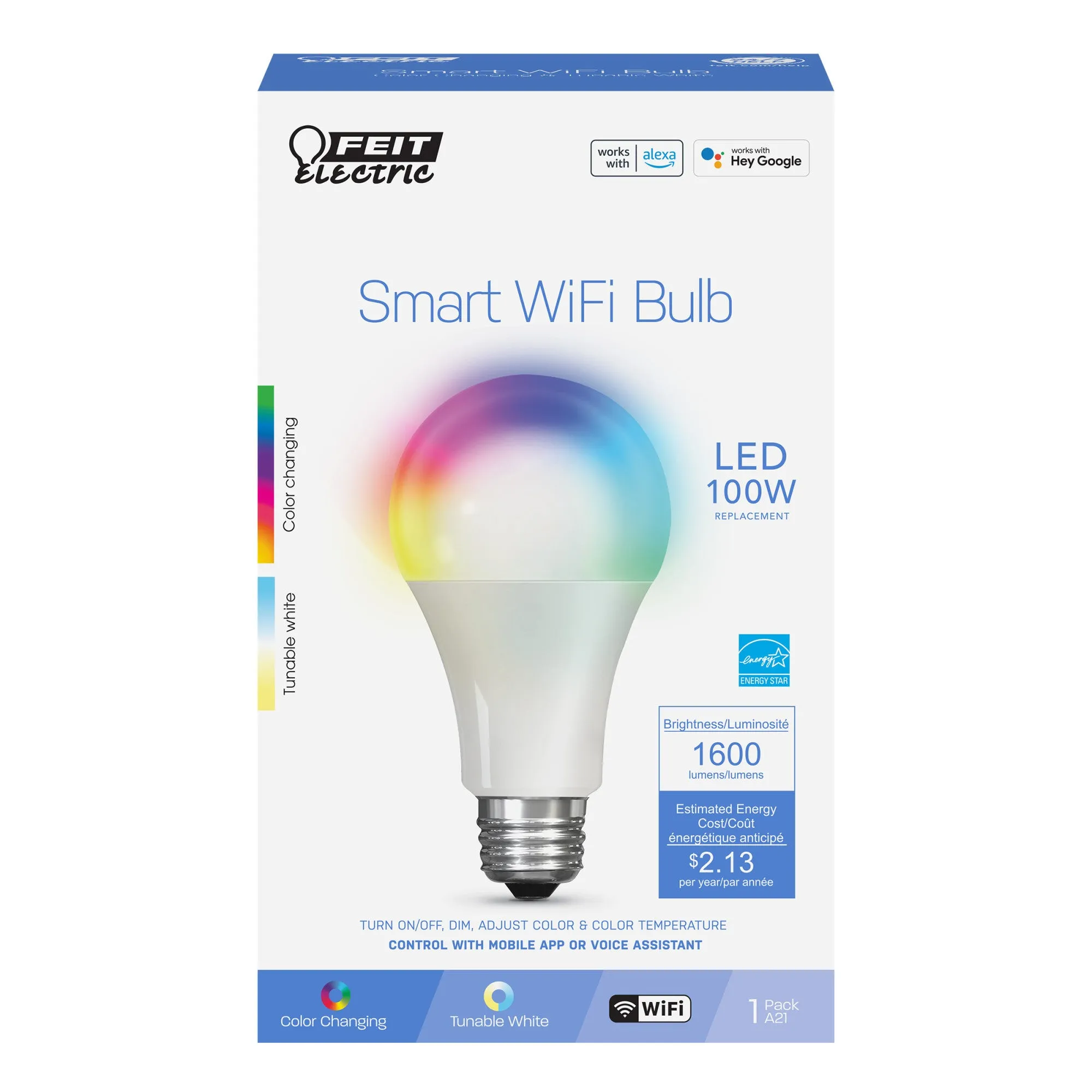 17.7W (100W Replacement) Color Changing E26 Base A21 Dimmable Smart Wi-Fi LED Bulb