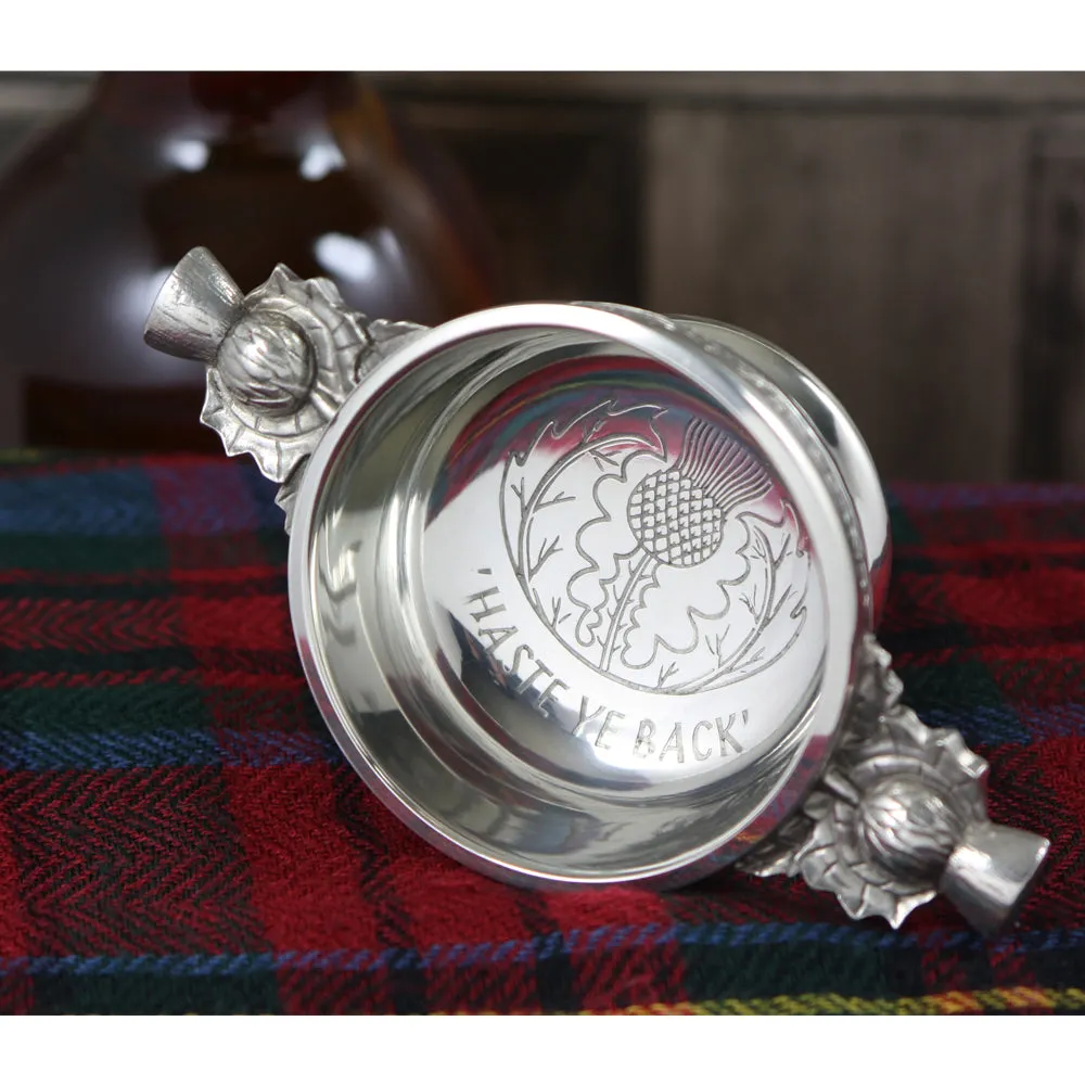 2.5 Inch Celtic Pewter Quaich Bowl - 'Haste Ye Back'