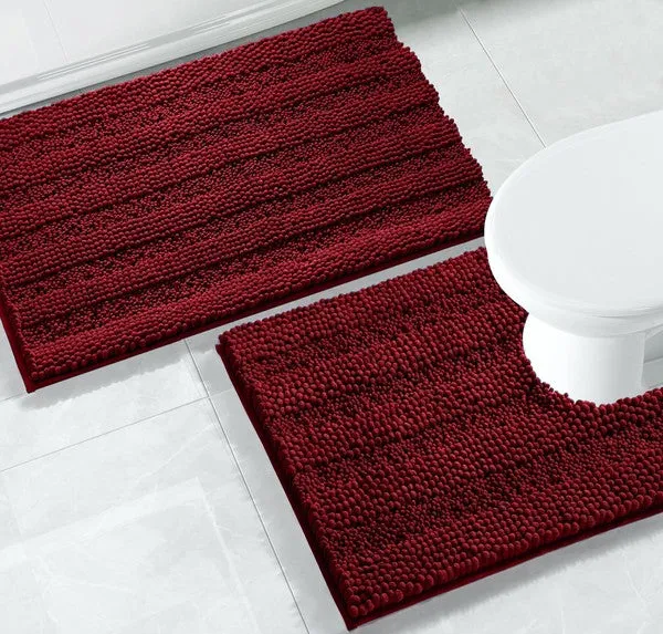 2PC Red Soft Cozy Plush Chenille Bath Mat Set