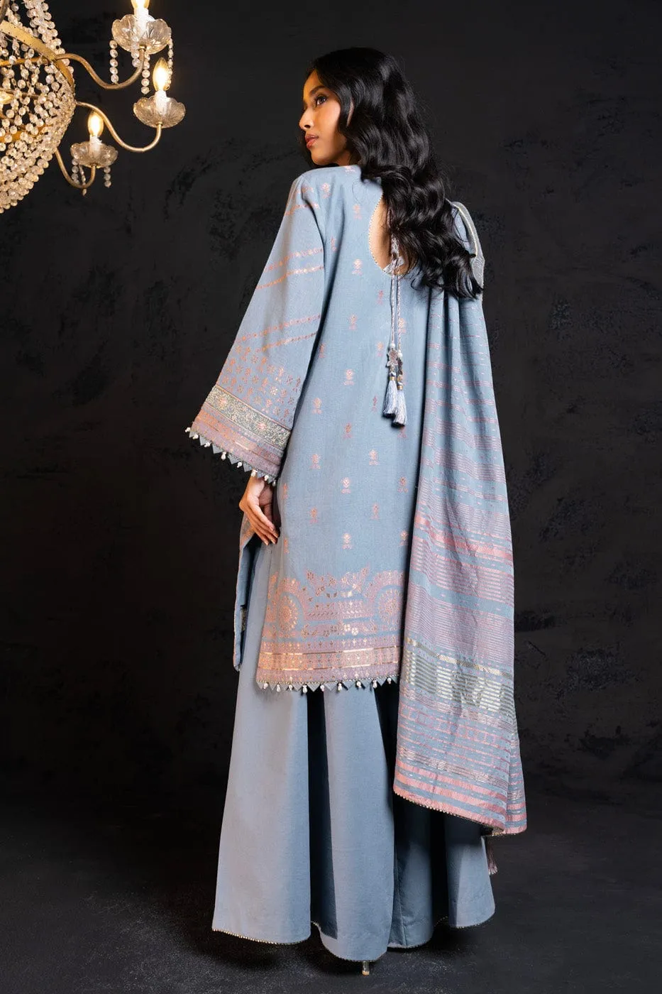 3 Pc Embroidered Jacquard Suit With Jacquard Dupatta