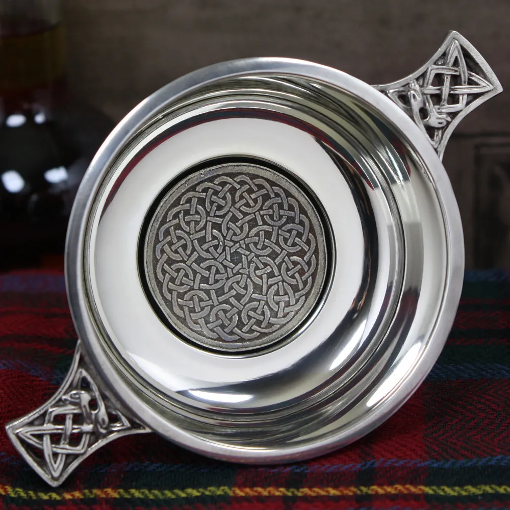 3.5 Inch Celtic Knot Handle Pewter Quaich Bowl with Badge