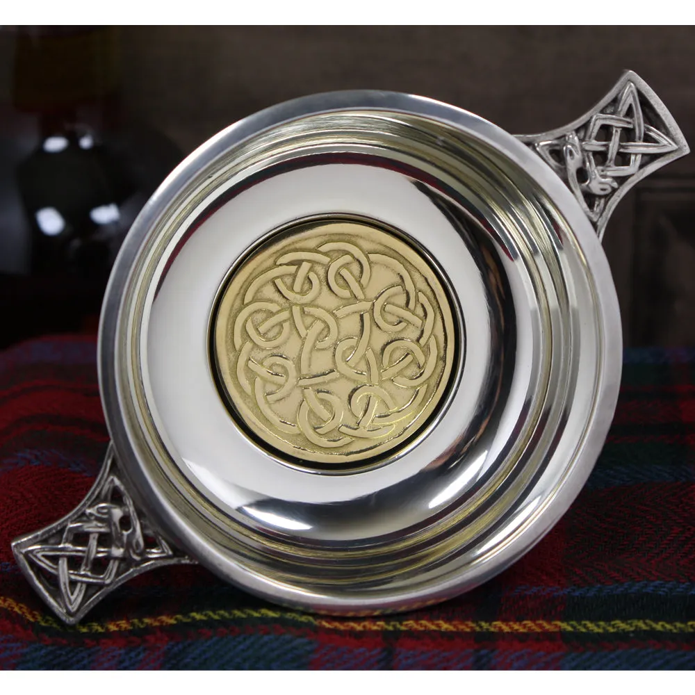 3.5 Inch Celtic Knot Handle Pewter Quaich Bowl with Brass Badge