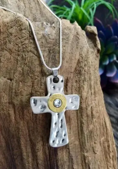 45 Auto Silver Hammered Cross Bullet Necklace