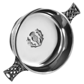 4.5 Inch Celtic Knot Handle Pewter Quaich Bowl with Scottish Thistle Badge