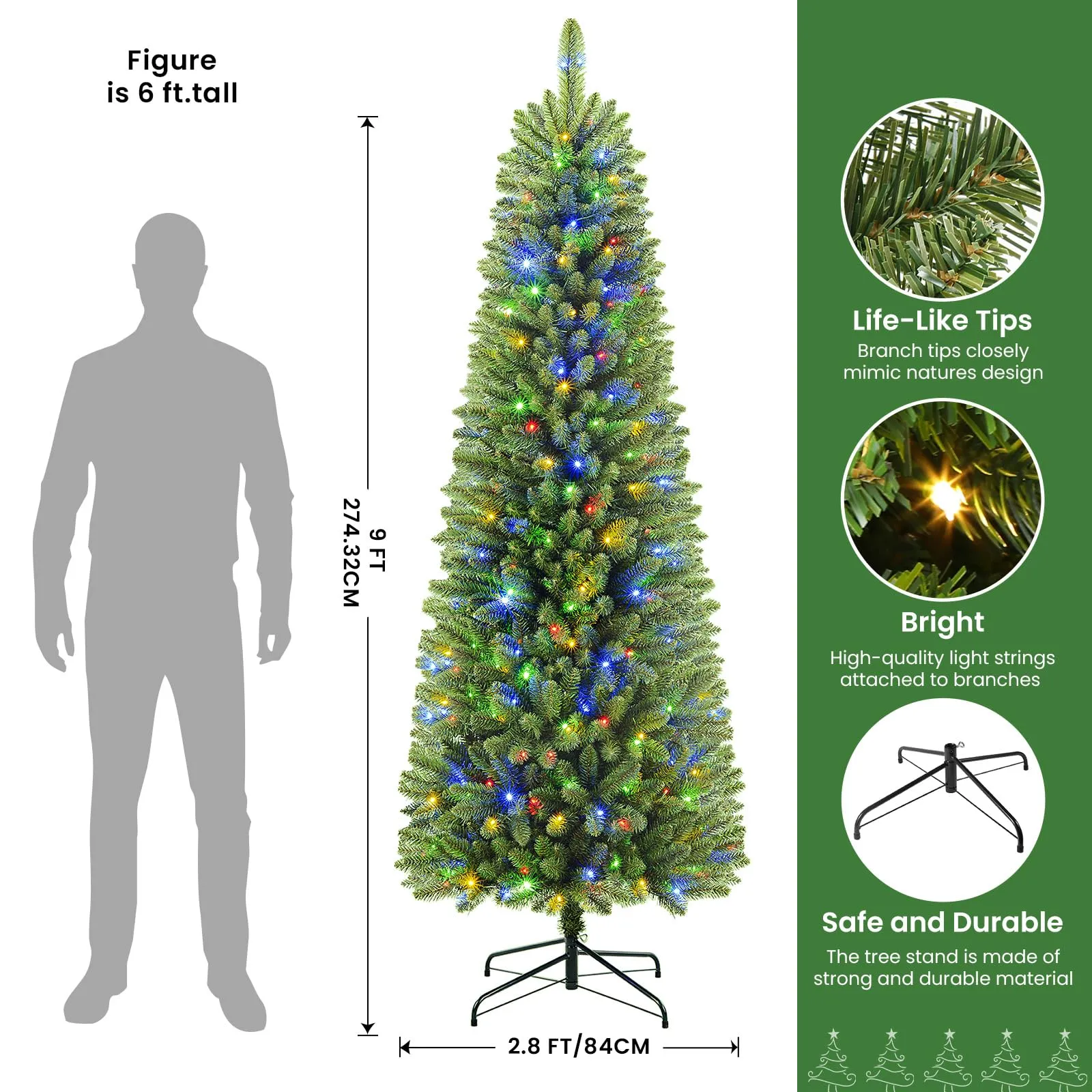 9ft Warm White & Multi-Color Lights Premium Prelit Artificial Hinged Slim Pencil Christmas Tree with Remote Control