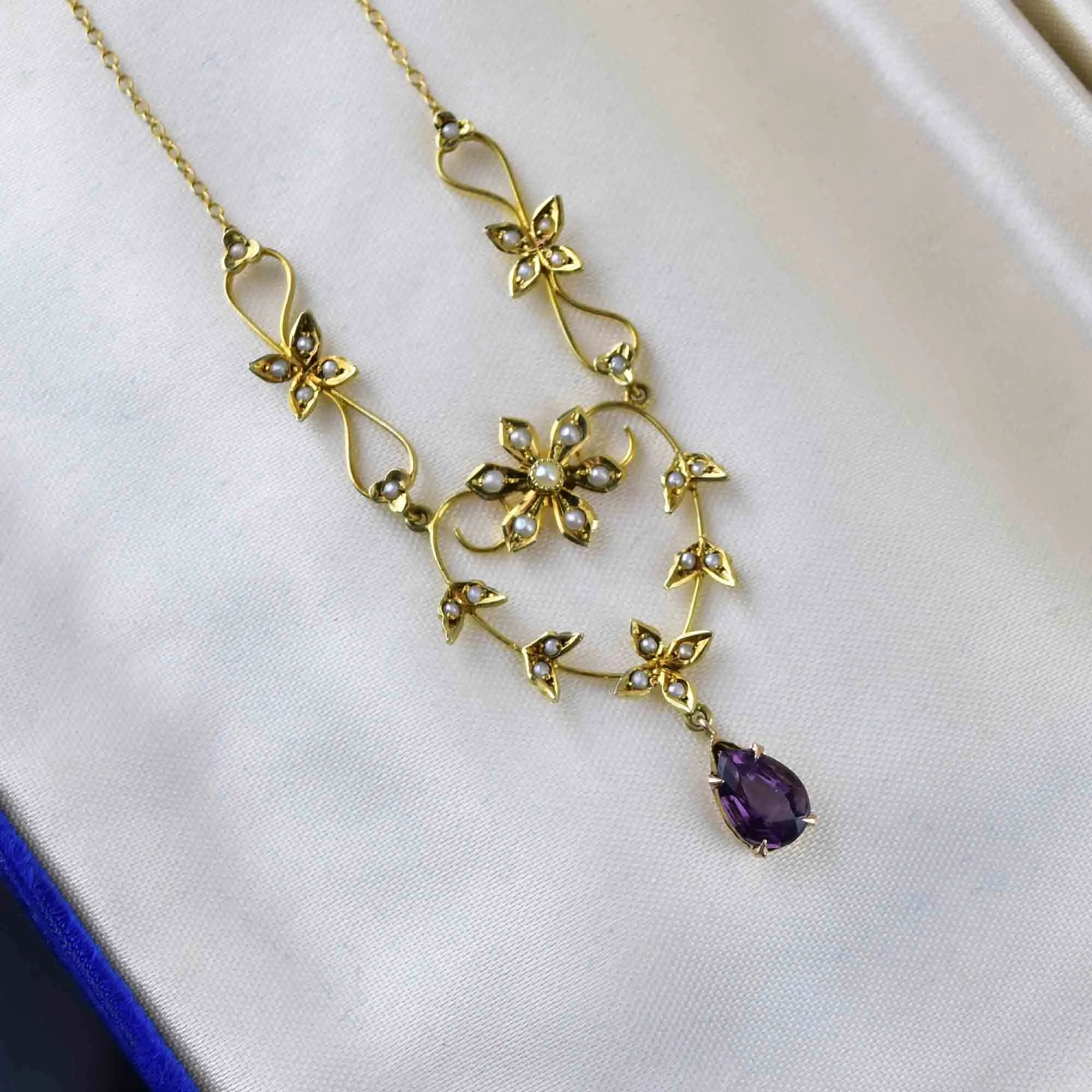 Antique 14K Gold Amethyst Pearl Lavalier Necklace