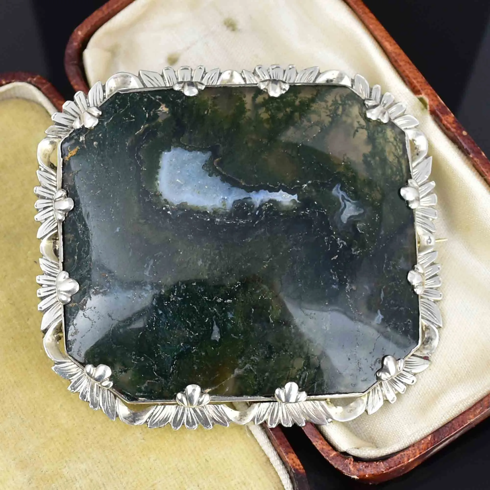 Antique Large Silver Picture Moss Agate Brooch