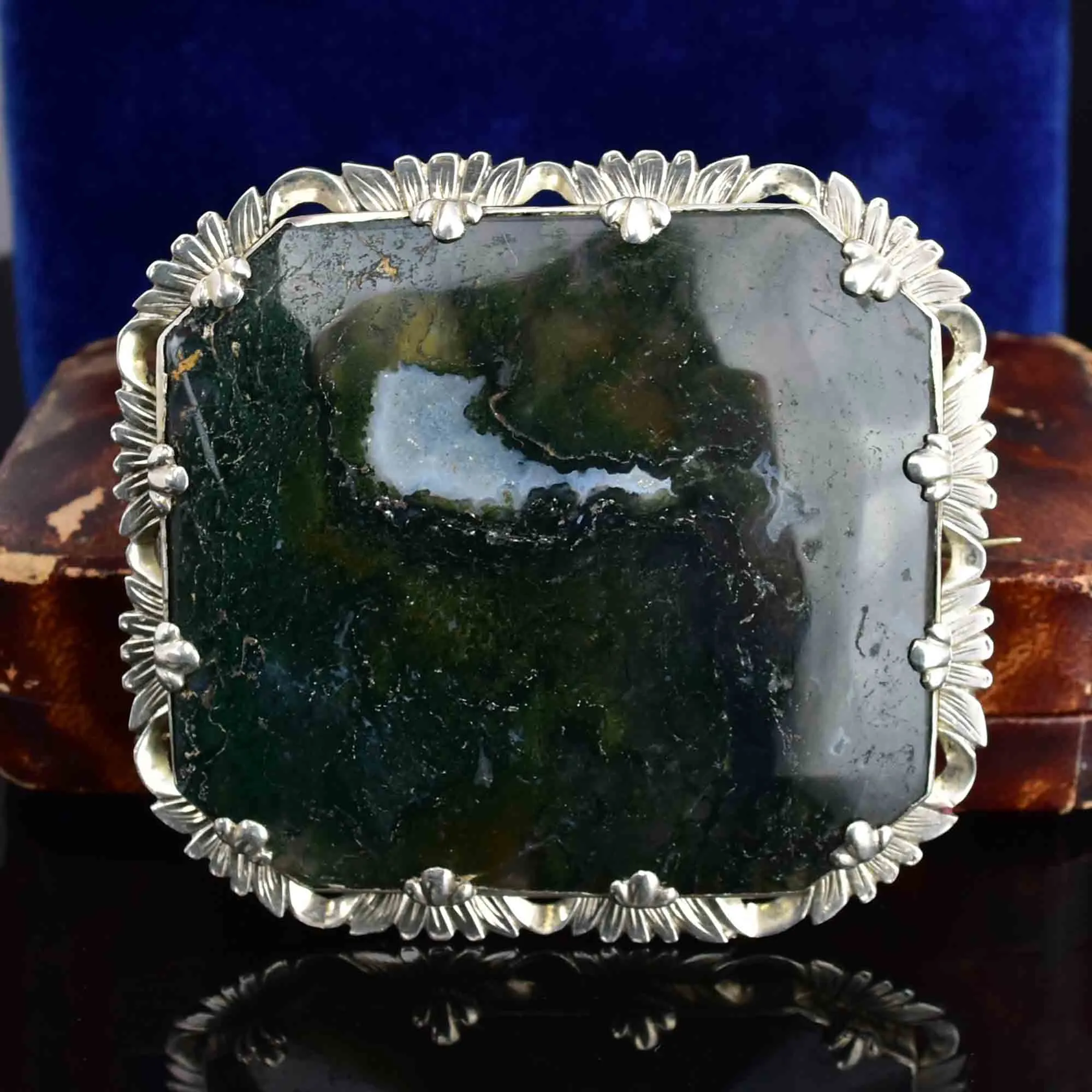 Antique Large Silver Picture Moss Agate Brooch