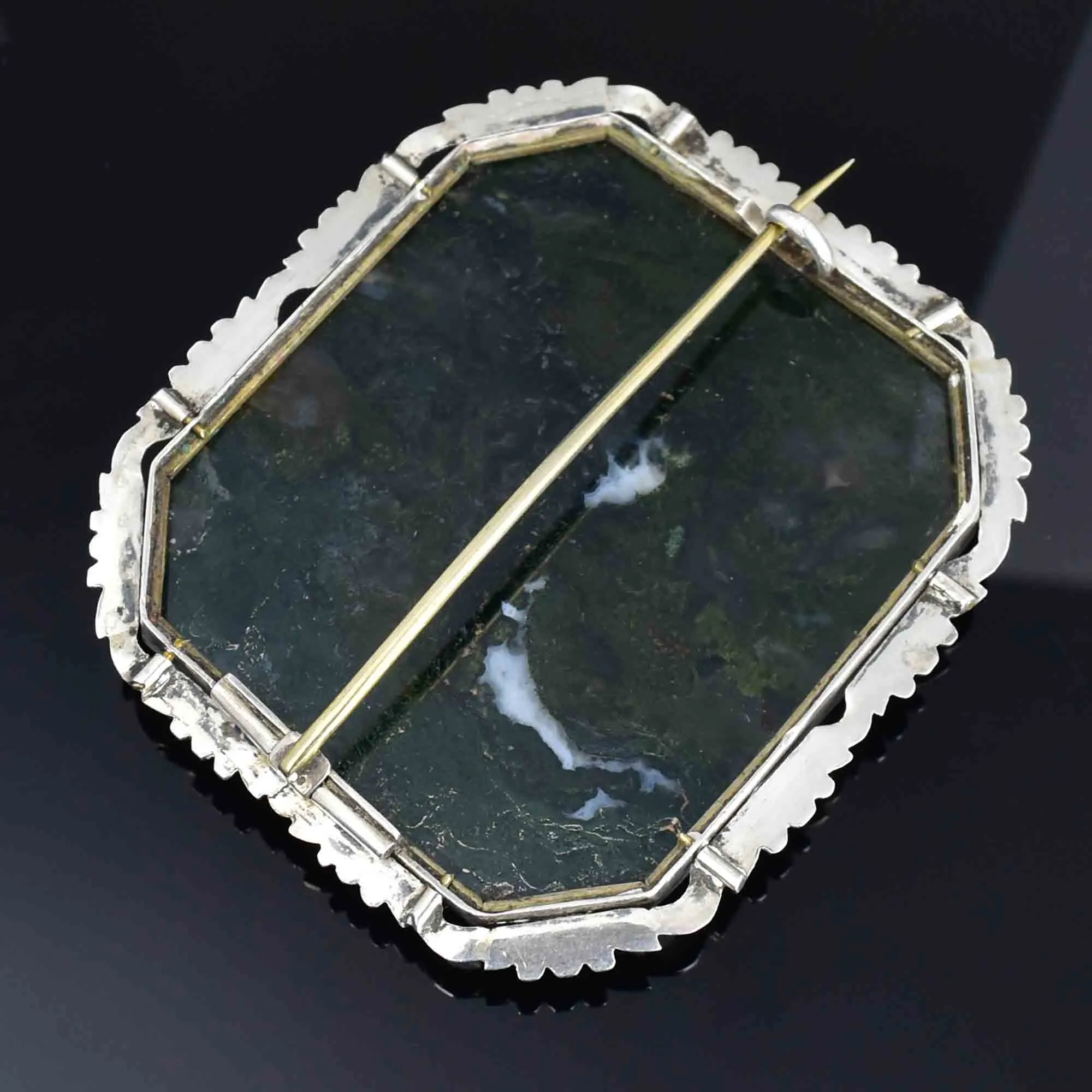 Antique Large Silver Picture Moss Agate Brooch