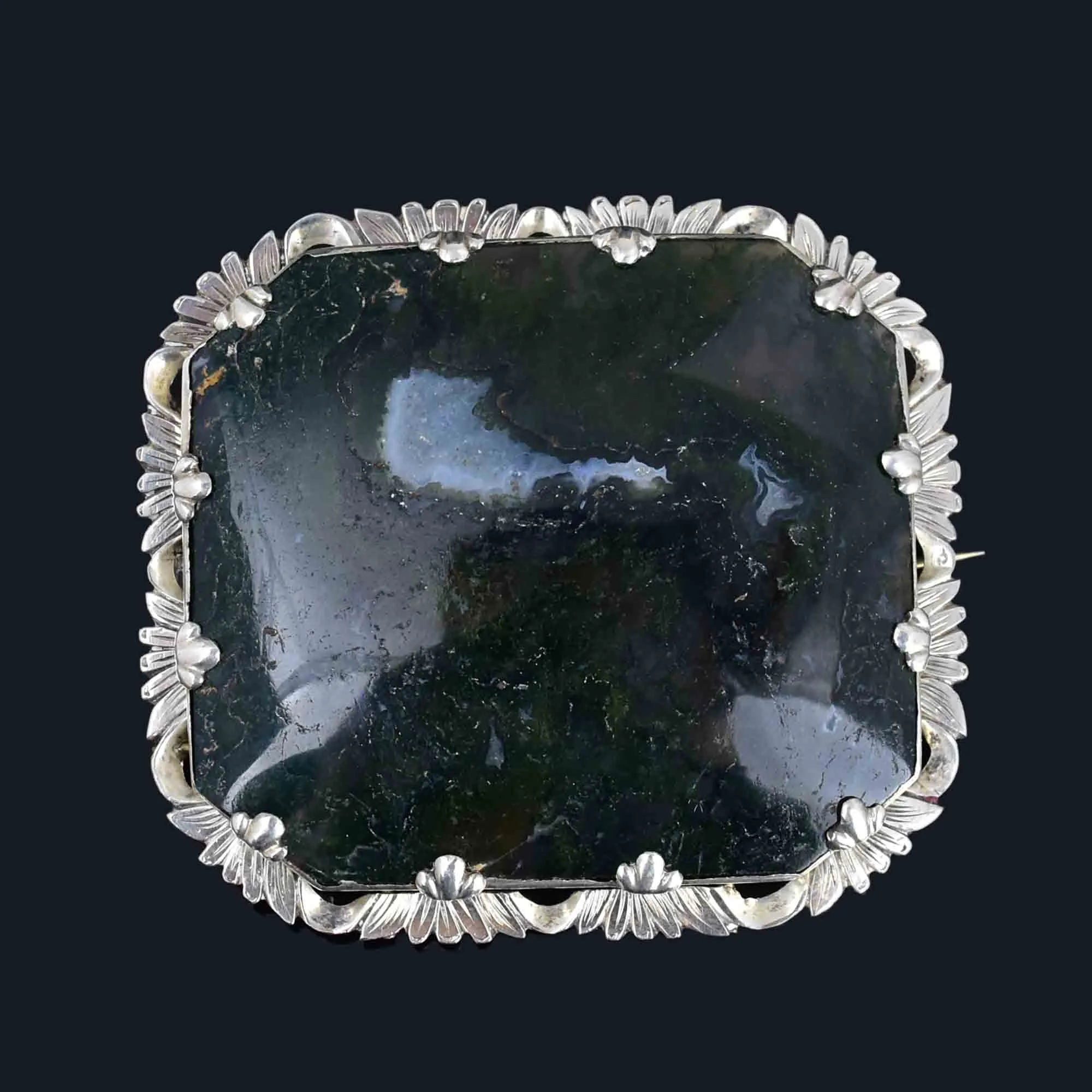 Antique Large Silver Picture Moss Agate Brooch