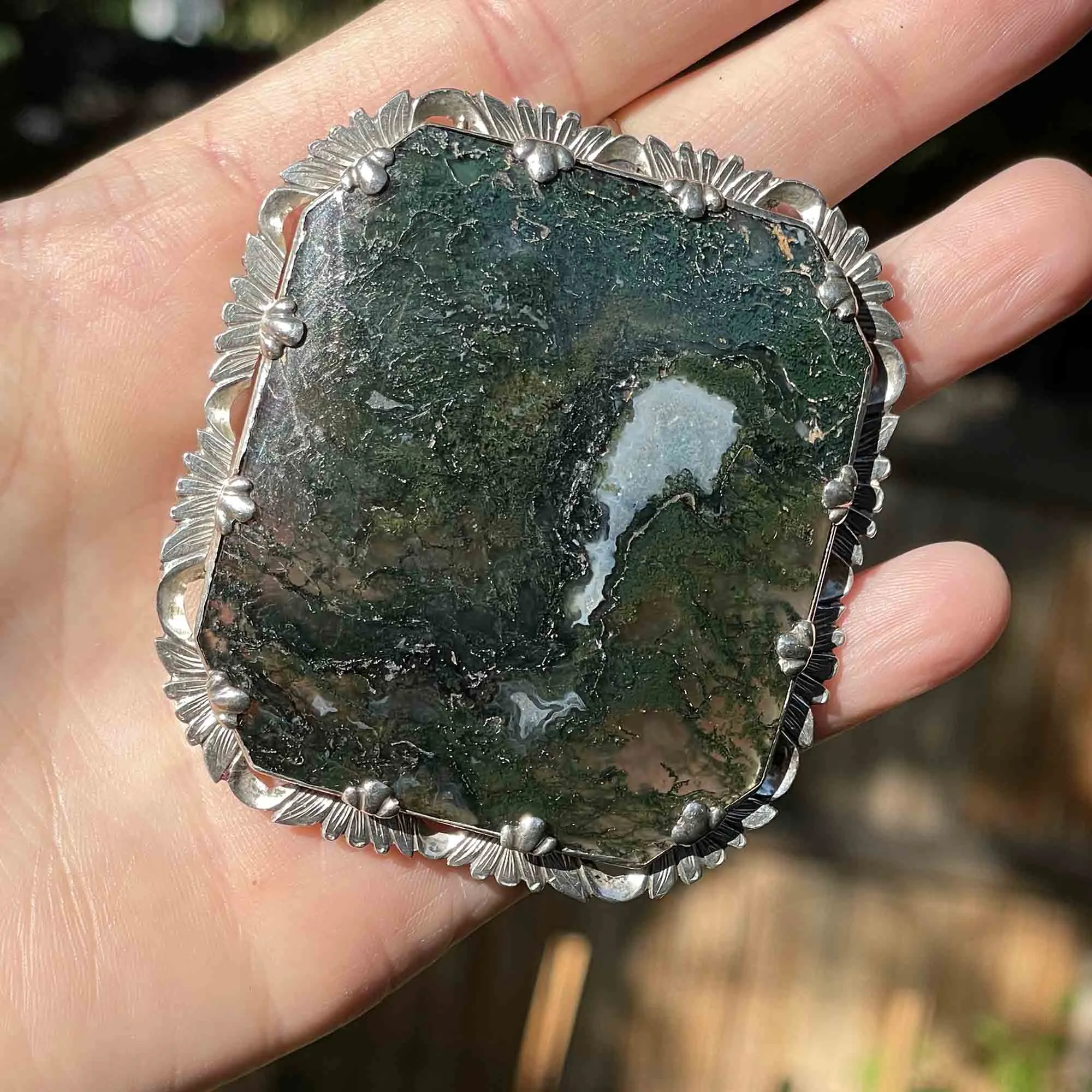 Antique Large Silver Picture Moss Agate Brooch