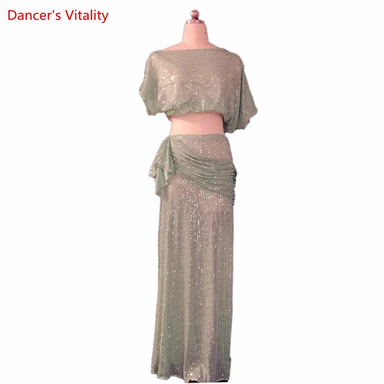 Belly Dance Costume Set Women's  Customized Sequin Short SleeveTop Split Long Skirt 2ps Oriental Dance Performance Costumes