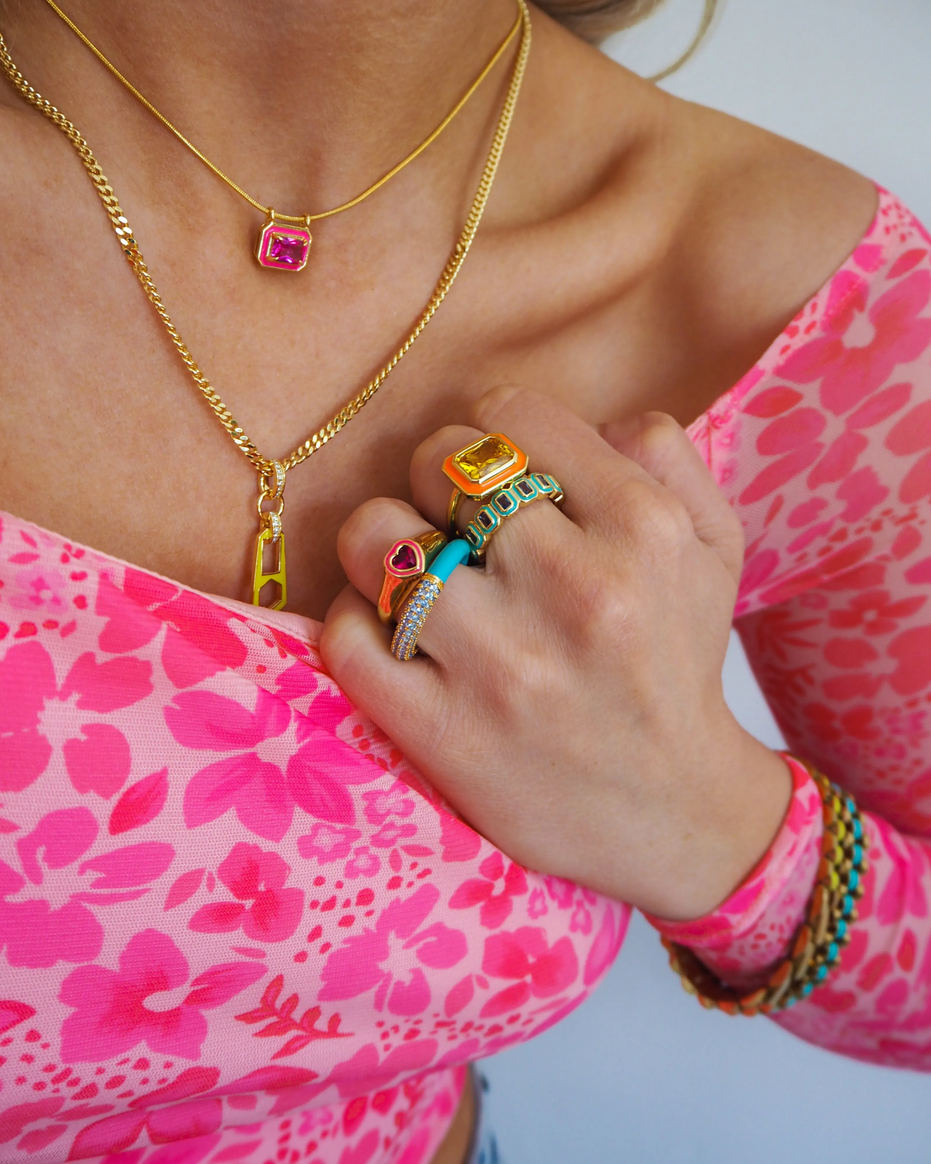 Bezel Statement Ring- Neon Orange- Gold