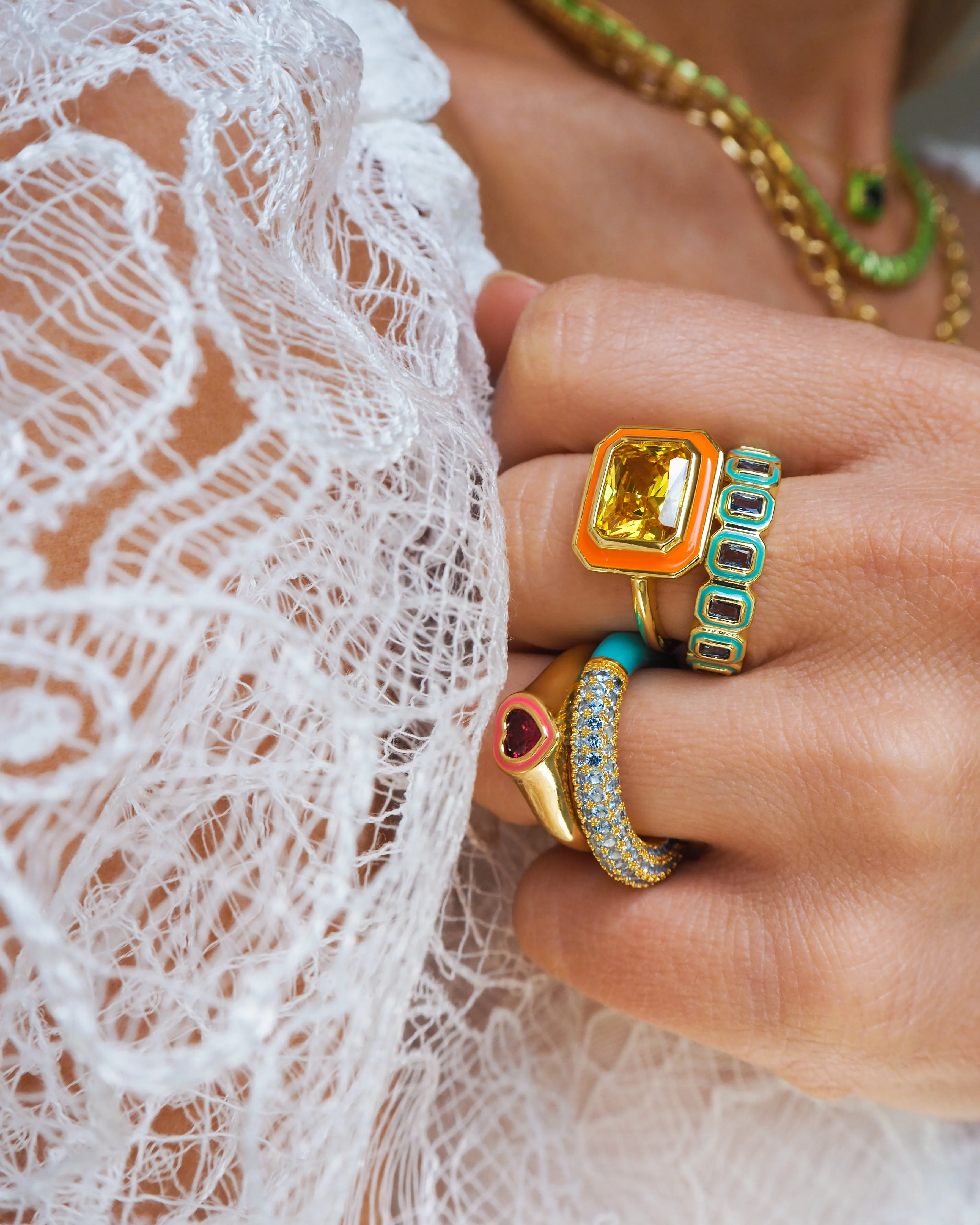 Bezel Statement Ring- Neon Orange- Gold