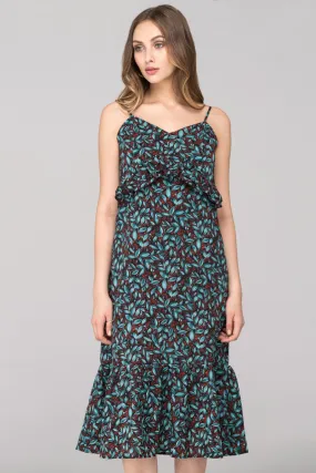 Blue Green Berry Leaf Print flounced Midi Dress