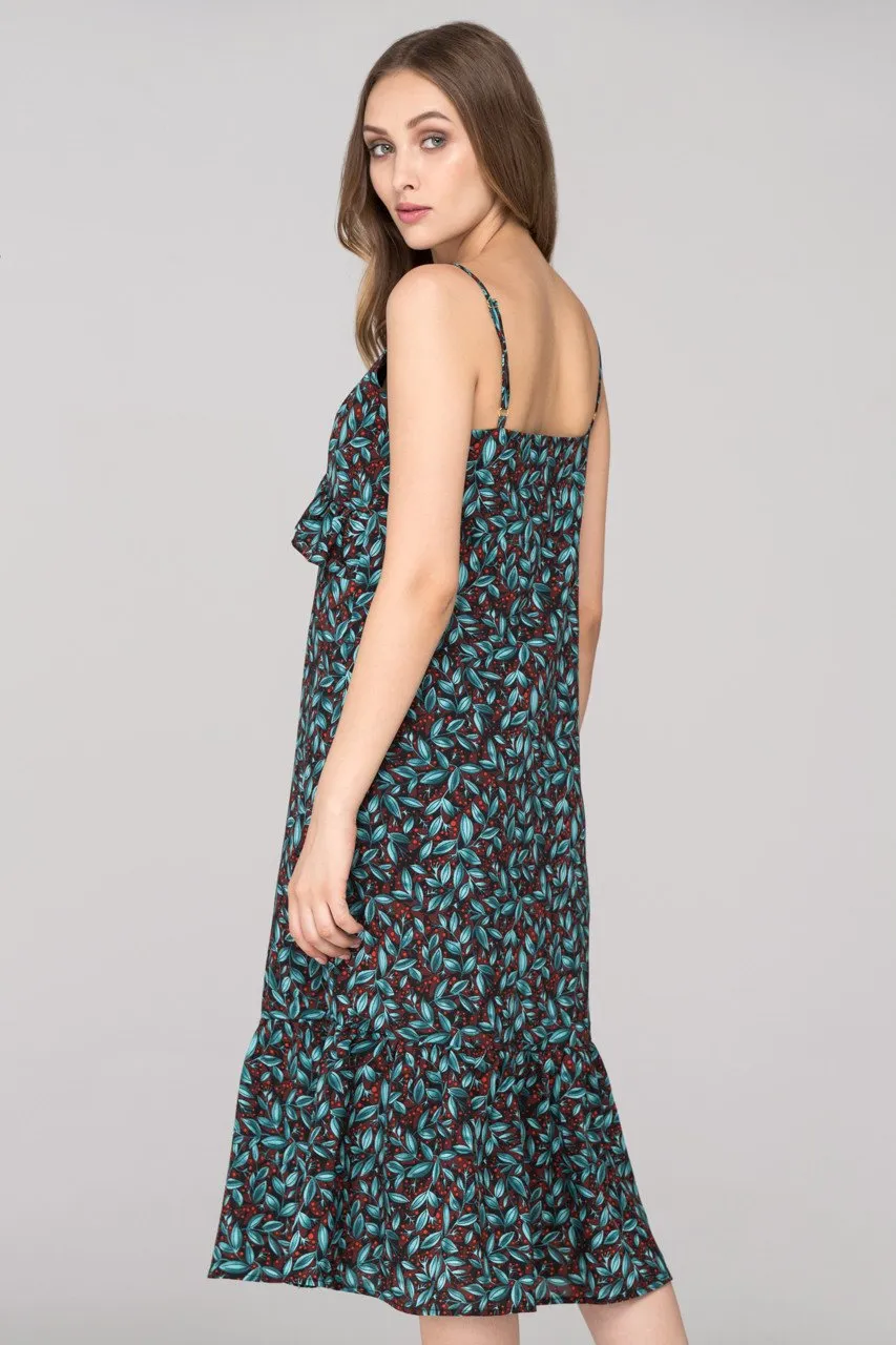 Blue Green Berry Leaf Print flounced Midi Dress