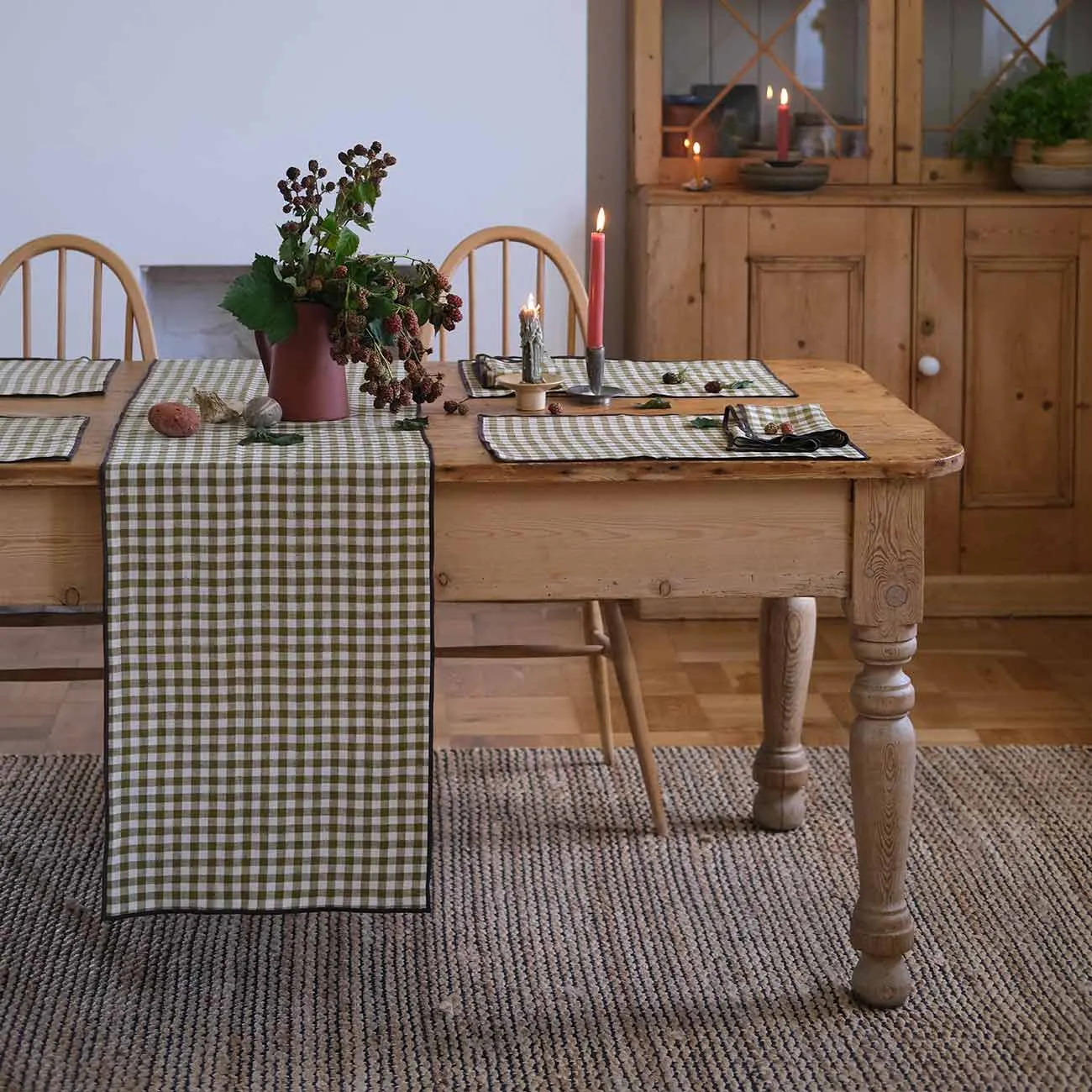 Botanical Green Gingham Linen Table Runner