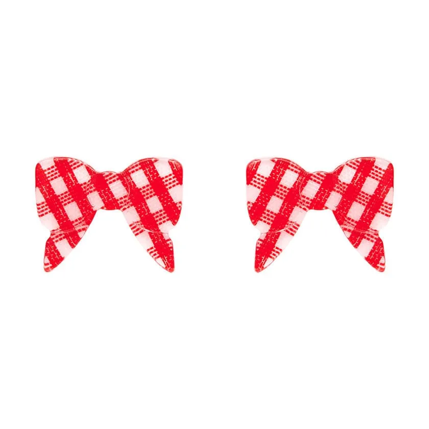 Bow Gingham Stud Earrings - Red