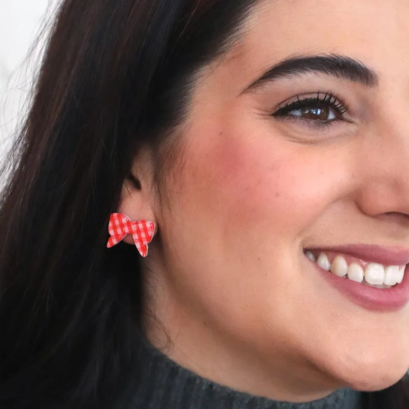 Bow Gingham Stud Earrings - Red