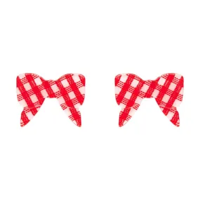 Bow Gingham Stud Earrings - Red