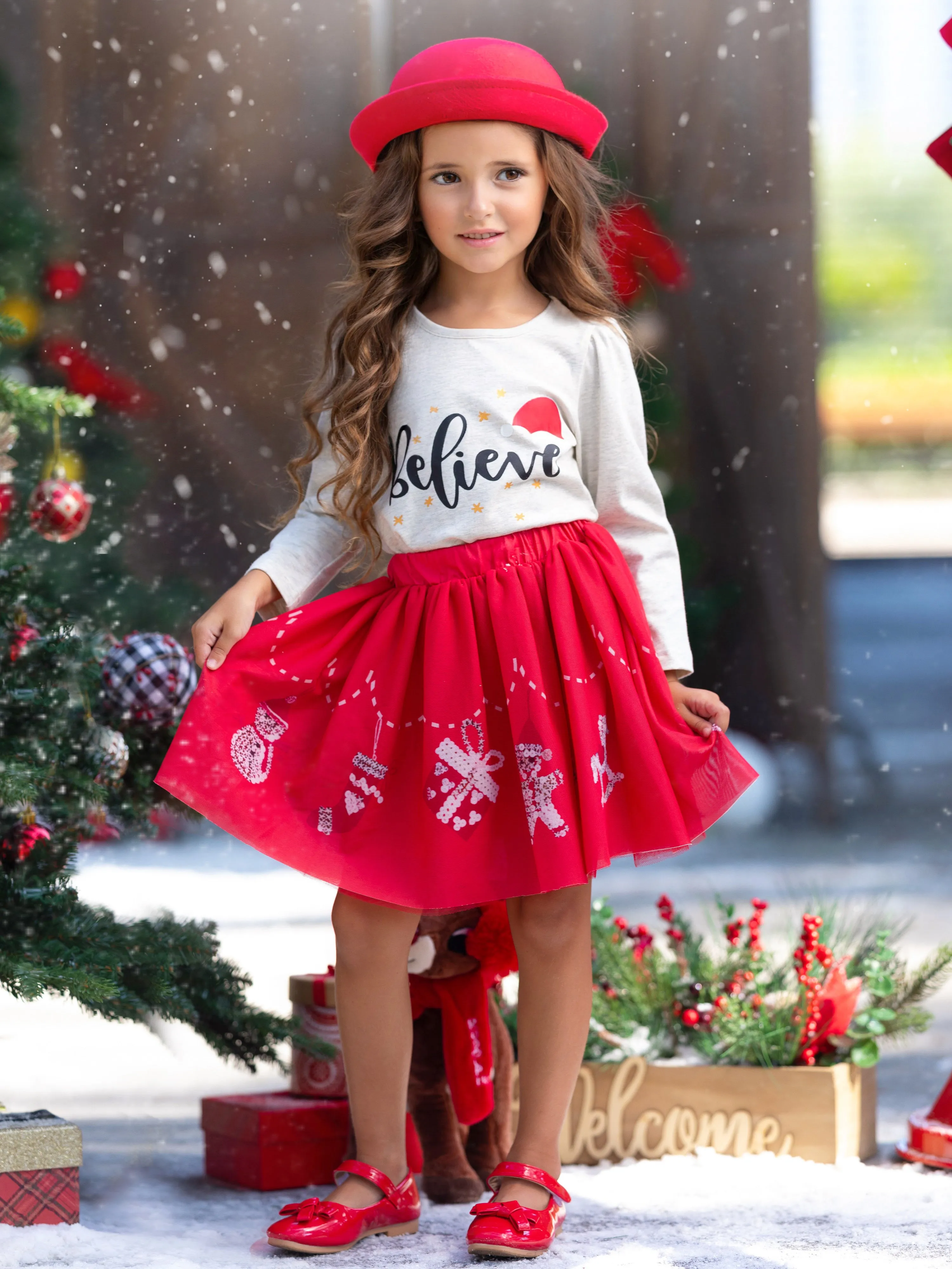 Celebrate Magic Ruffle Top and Christmas Print Skirt Set