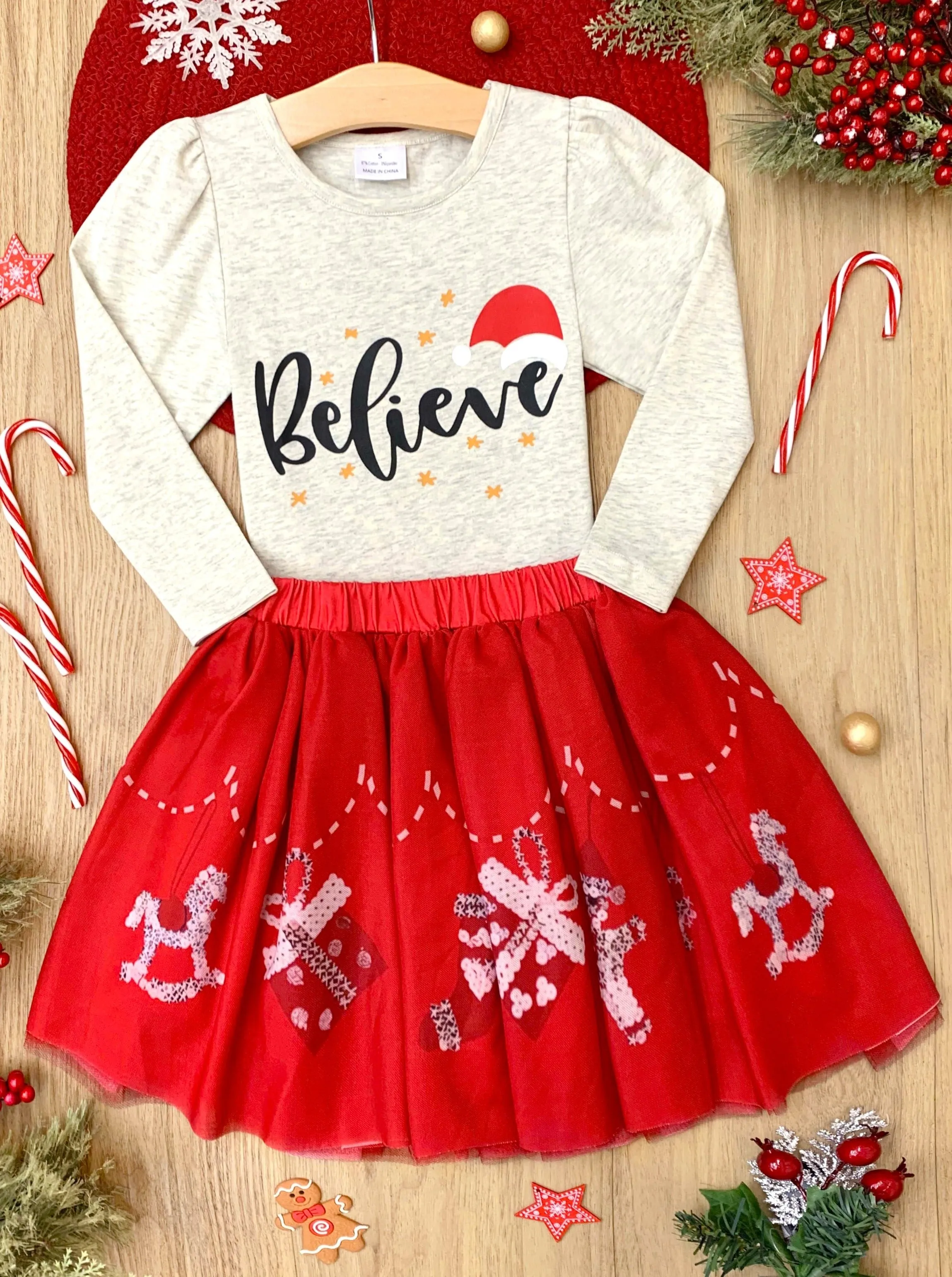 Celebrate Magic Ruffle Top and Christmas Print Skirt Set