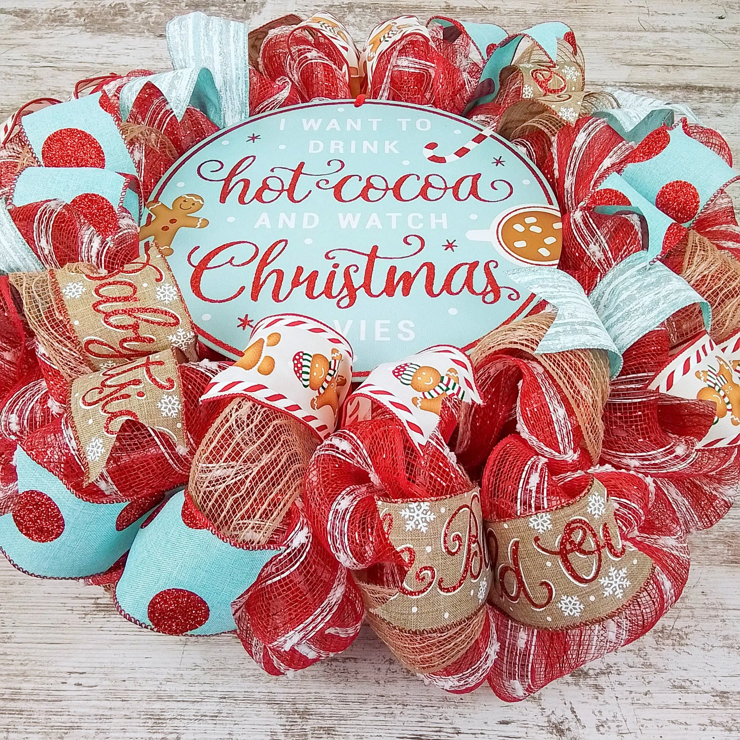 Christmas Cookies Gingerbread Wreath - Outdoor Holiday Wreath - Mesh Front Door Wreath - Turquoise Red Brown White Green