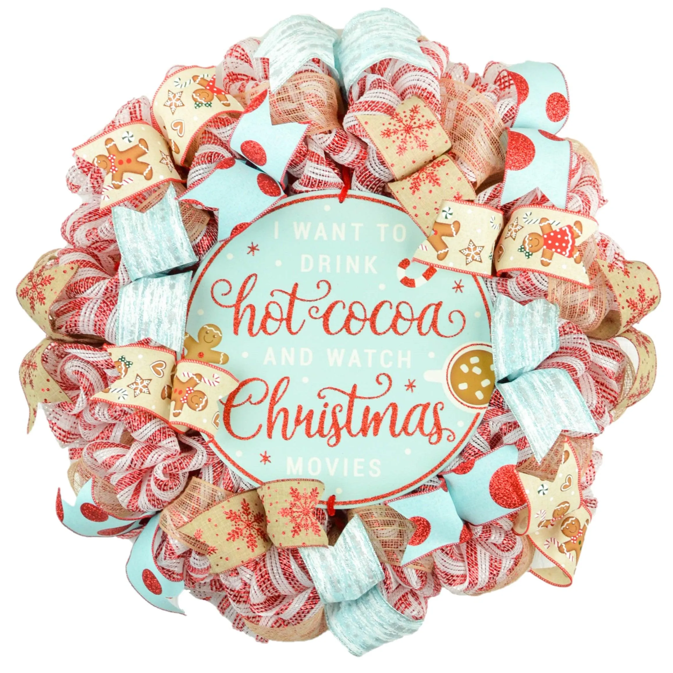 Christmas Cookies Gingerbread Wreath - Outdoor Holiday Wreath - Mesh Front Door Wreath - Turquoise Red Brown White Green