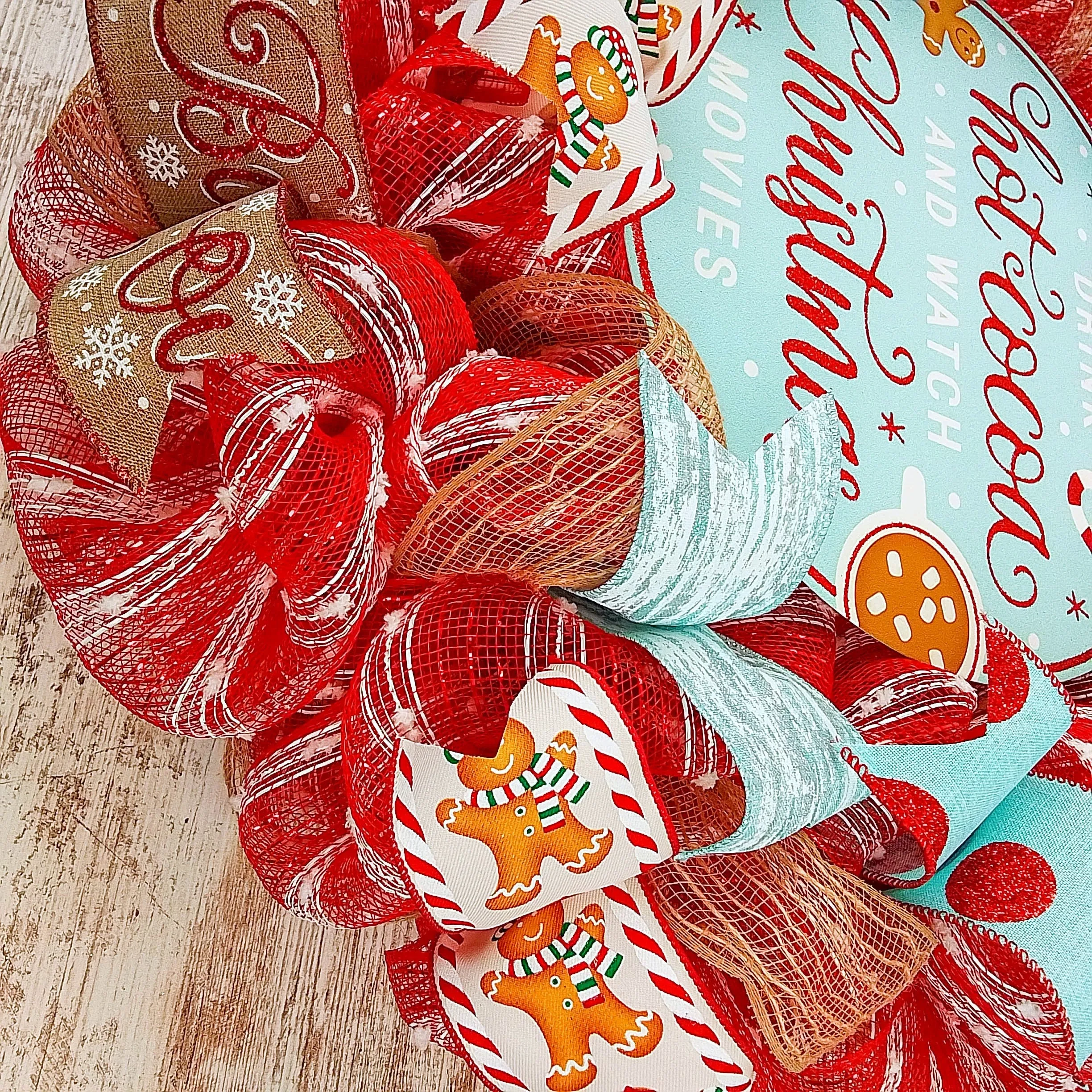 Christmas Cookies Gingerbread Wreath - Outdoor Holiday Wreath - Mesh Front Door Wreath - Turquoise Red Brown White Green