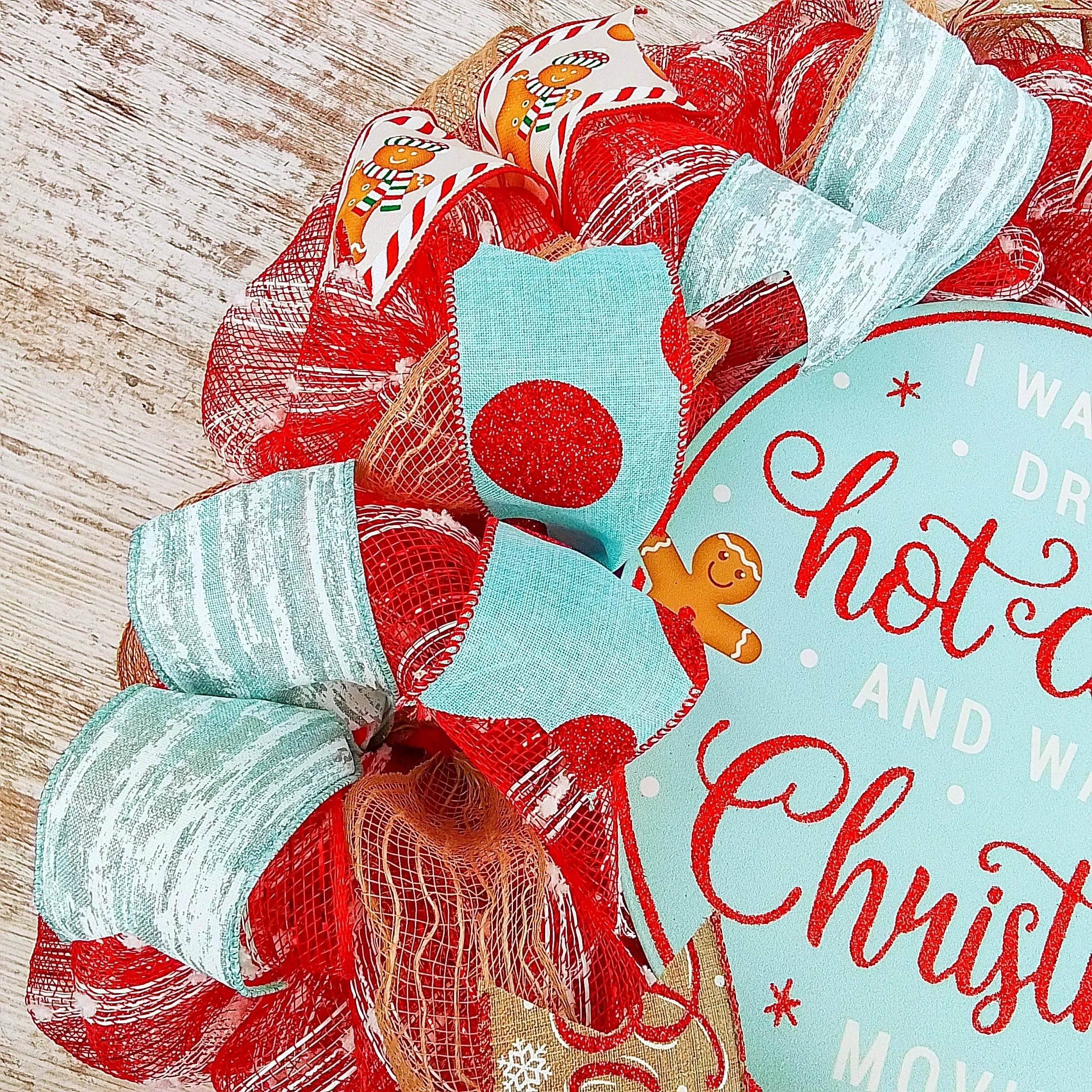 Christmas Cookies Gingerbread Wreath - Outdoor Holiday Wreath - Mesh Front Door Wreath - Turquoise Red Brown White Green