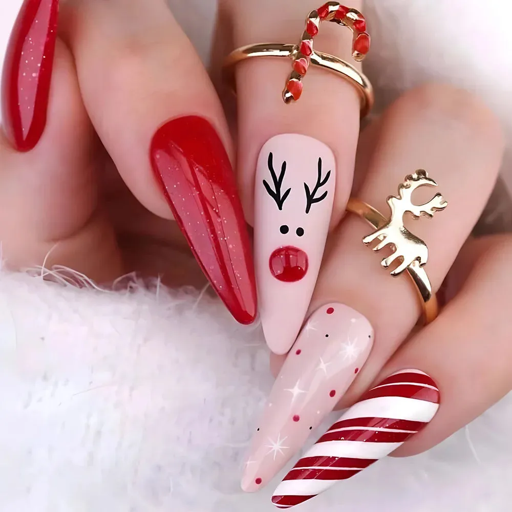 Christmas Nails Press on Snowflake Red Designs Almond Fake Nails Long Coffin Detachable False Nail for Women New Year Party