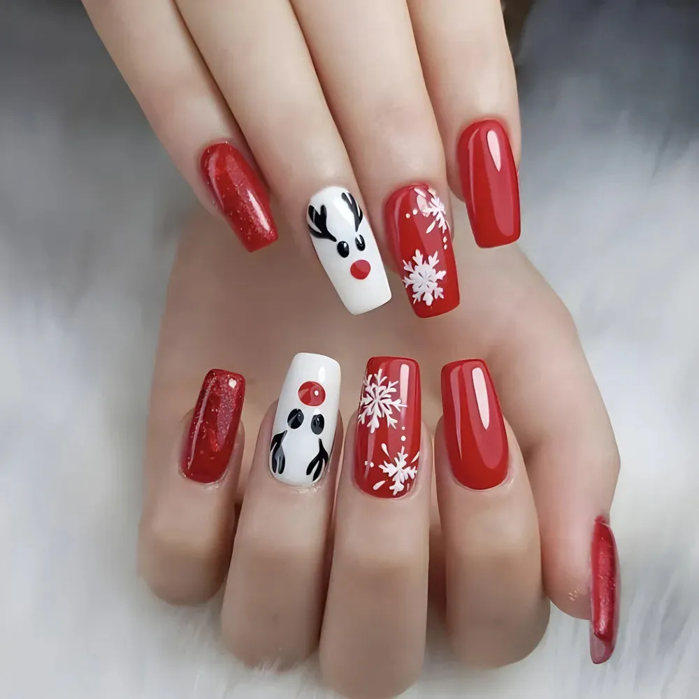 Christmas Nails Press on Snowflake Red Designs Almond Fake Nails Long Coffin Detachable False Nail for Women New Year Party