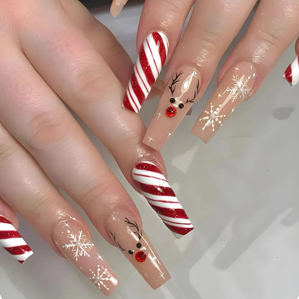 Christmas Nails Press on Snowflake Red Designs Almond Fake Nails Long Coffin Detachable False Nail for Women New Year Party