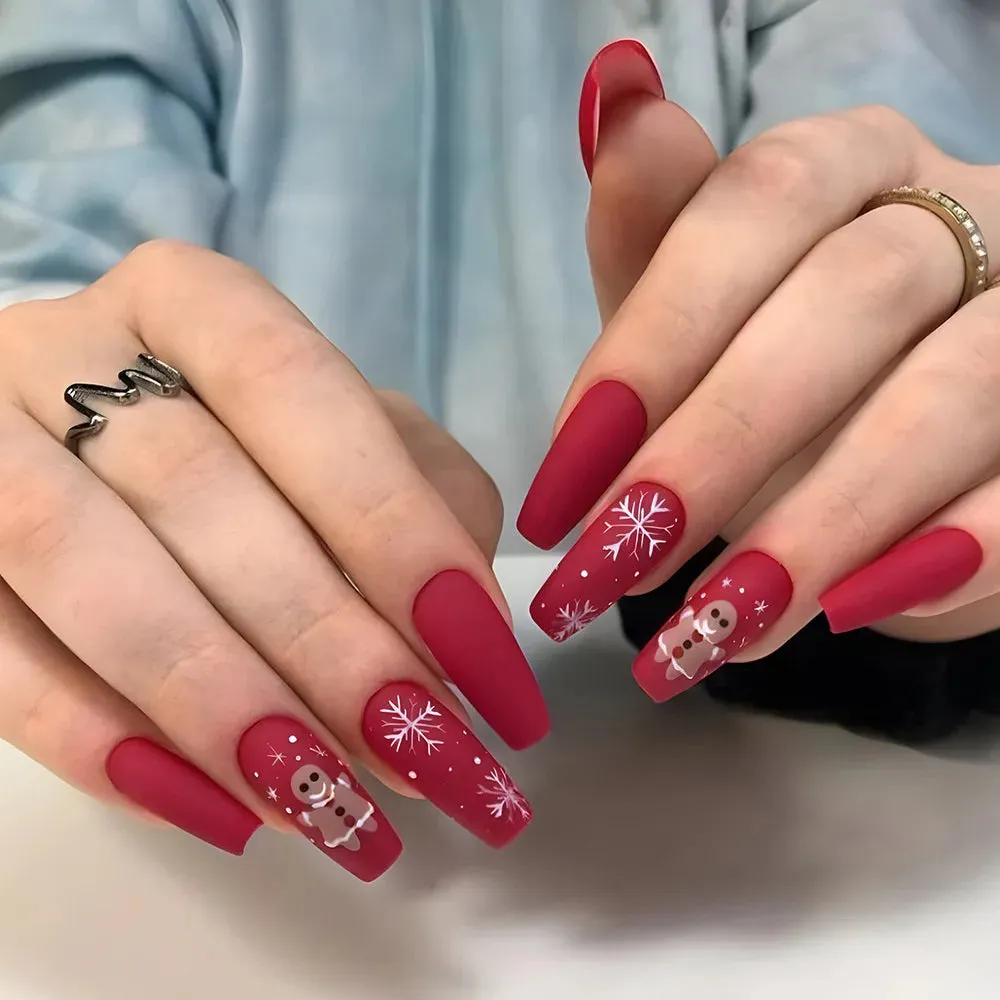 Christmas Nails Press on Snowflake Red Designs Almond Fake Nails Long Coffin Detachable False Nail for Women New Year Party