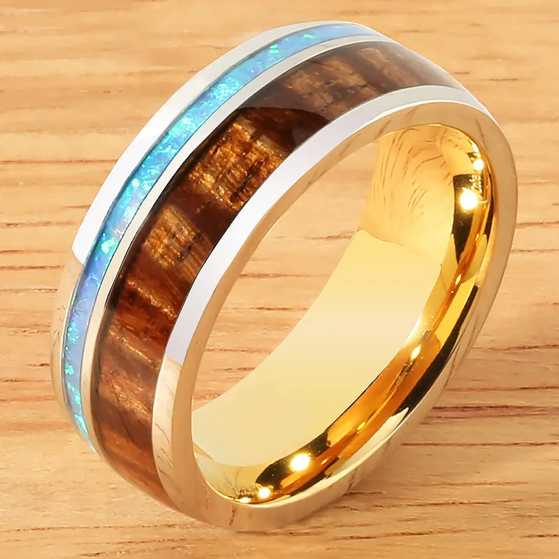 Cobalt Two-Tone Yellow Gold Plated Curly Koa Wood and Opal Oval Wedding Ring 8mm