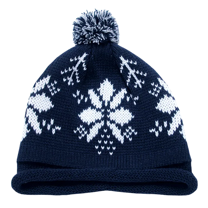 Decky 611B - Snowflake Roll Up Beanie with Pom Pom, Knit Cap