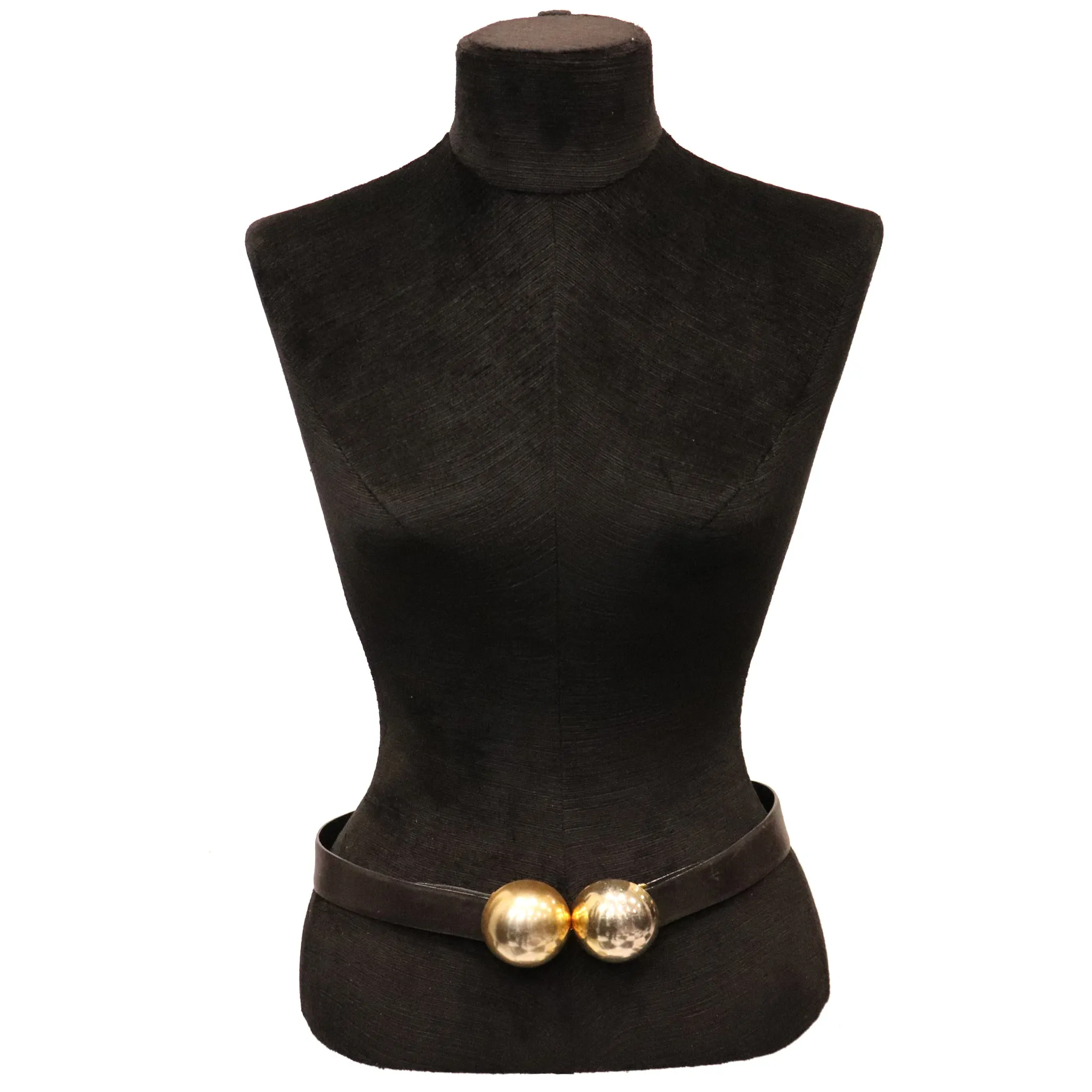 Donna Karan Black Leather Belt W/ 2 Large Gold Balls Closure