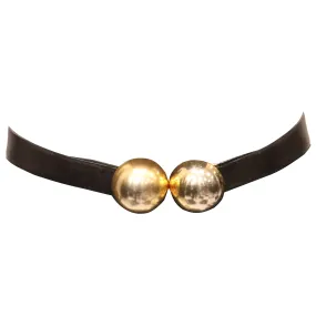 Donna Karan Black Leather Belt W/ 2 Large Gold Balls Closure