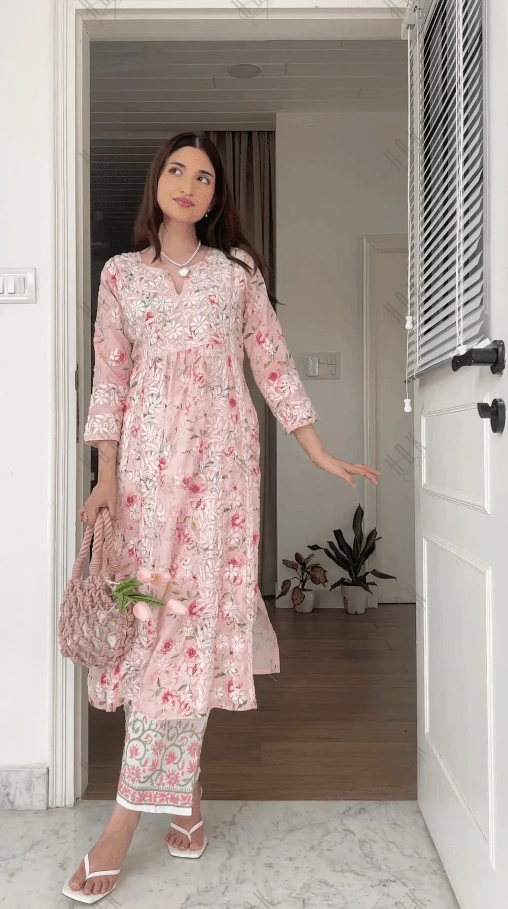 Farheen in Chikankari Long Kurta in Muslin Cotton for Women- Pink Print