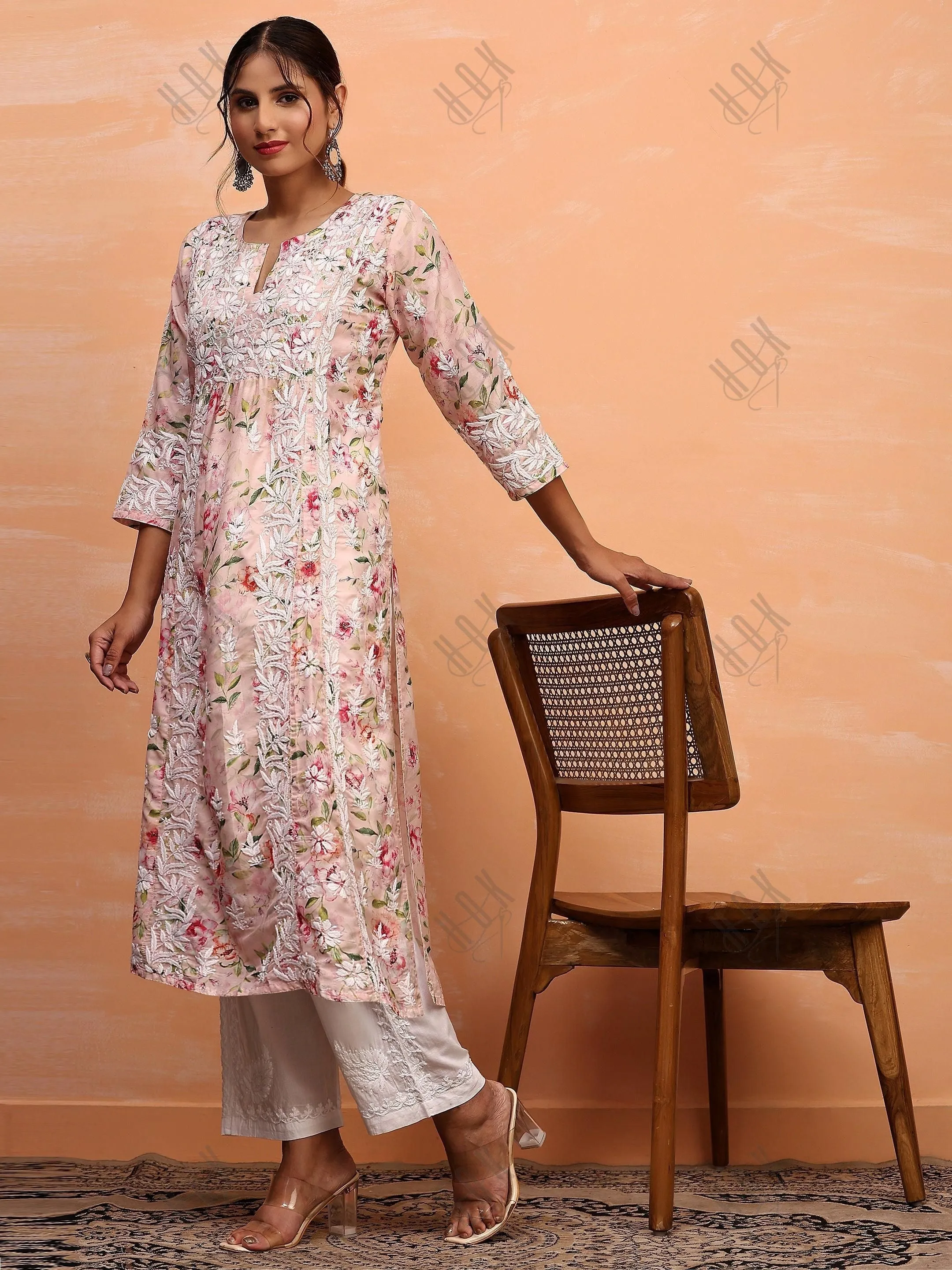 Farheen in Chikankari Long Kurta in Muslin Cotton for Women- Pink Print